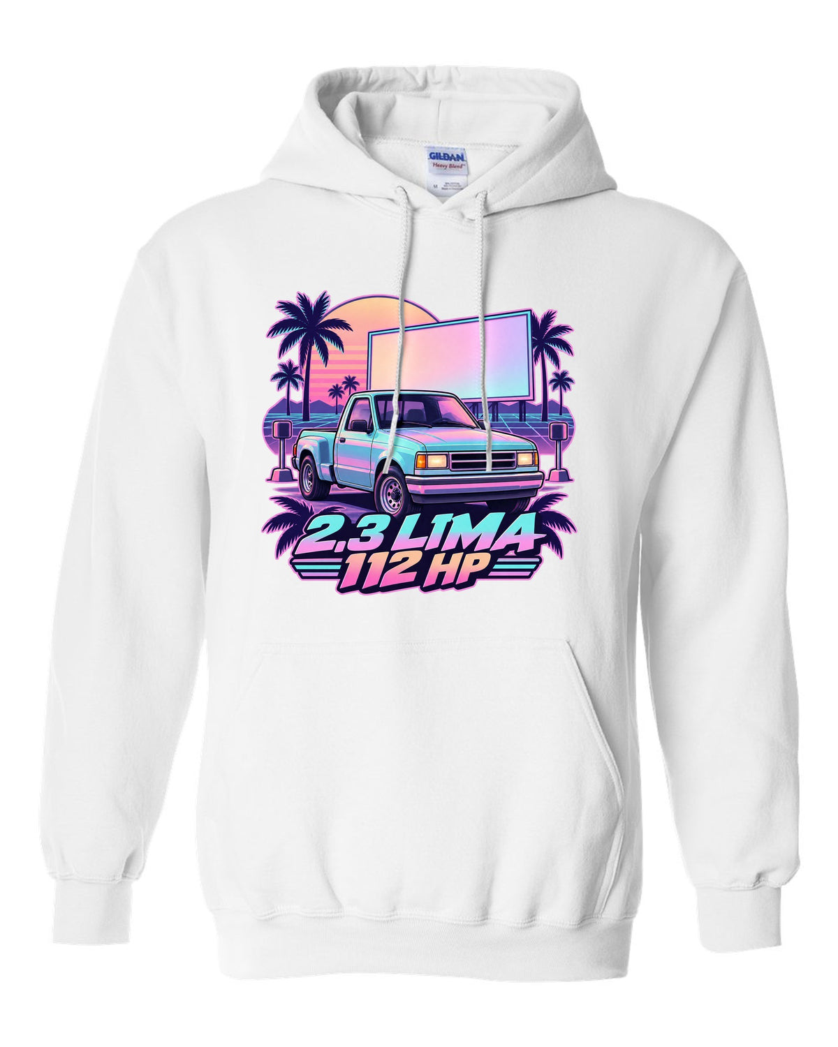Ford Ranger 1995 stepside at a drive-in in a vaporwave pastel print white pull over hoodie front view with the design
