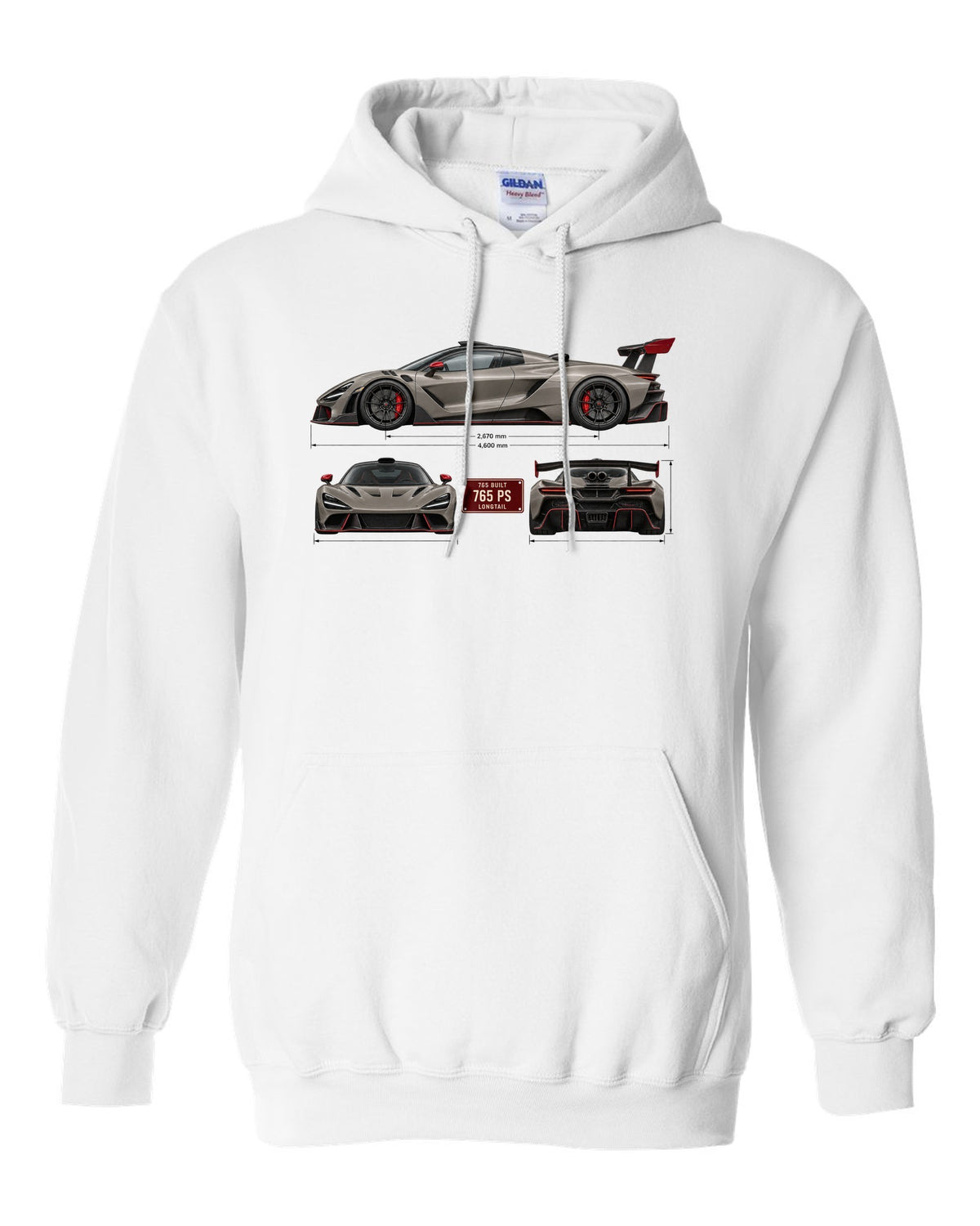 Three-view spec print of a McLaren 765LT, 765 built, 765 PS white pull over hoodie front view with the design