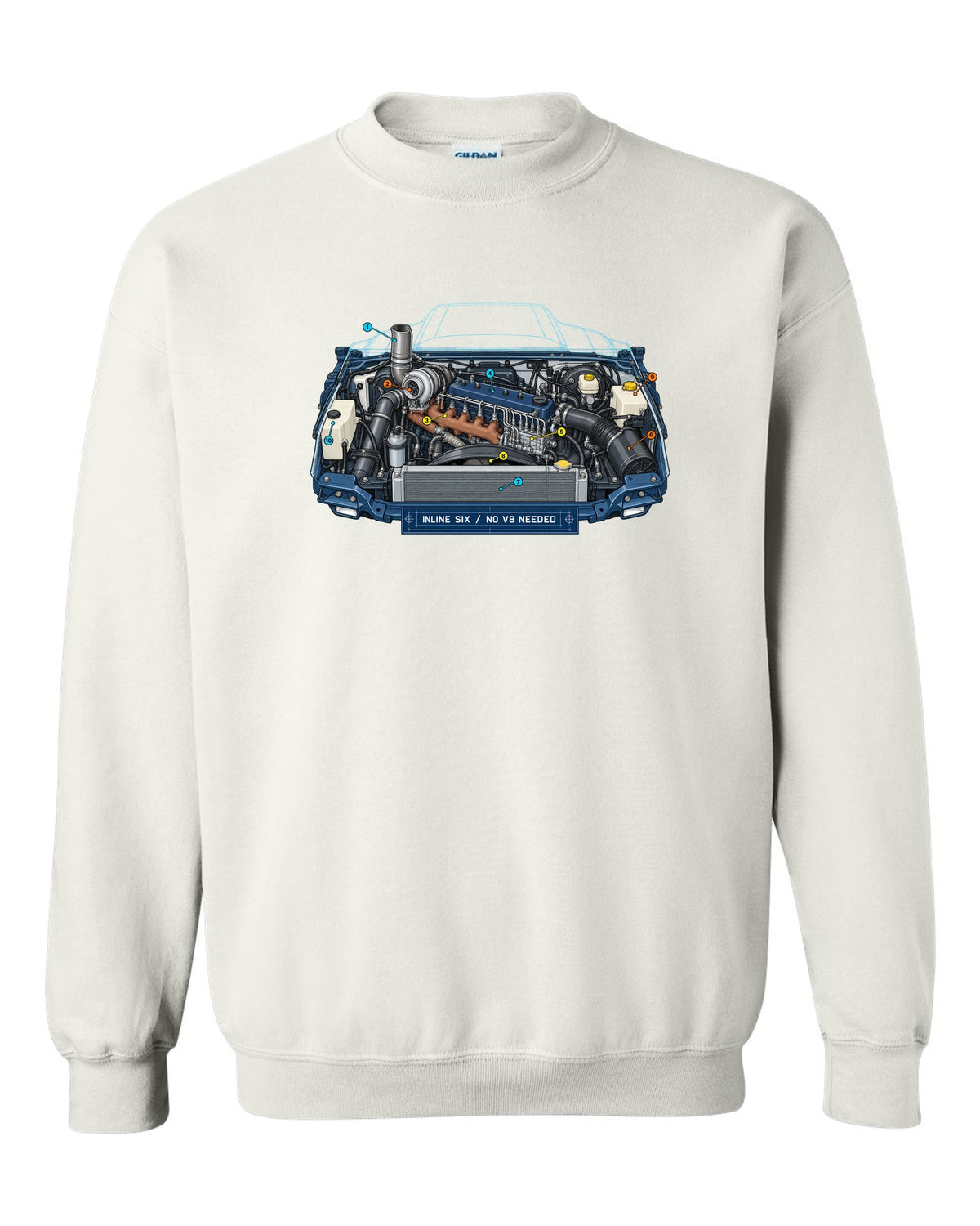 Blueprint-style print of a 1994-1998 Dodge Ram 2nd gen 5.9 inline-six diesel engine bay white crewneck front view with the design