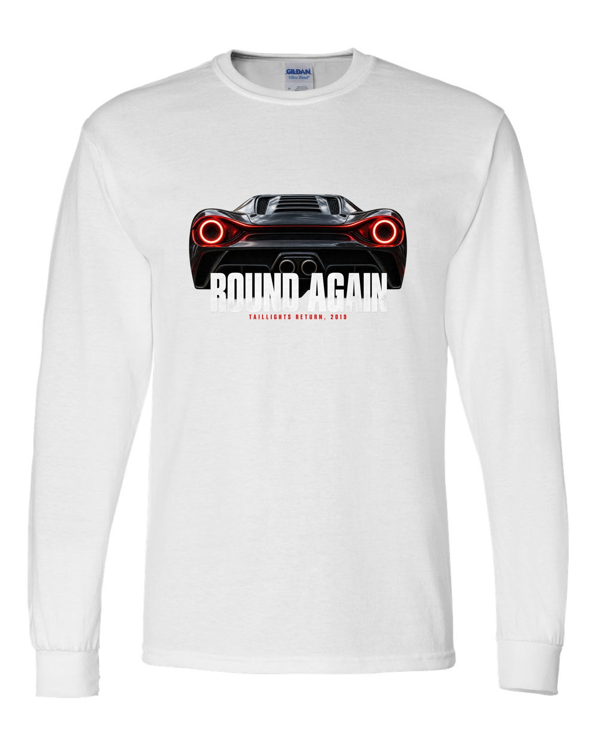 Macro print of Ferrari F8 Tributo round taillights with the text Round Again, Taillights Return, 2019 white long sleeve front view with the design