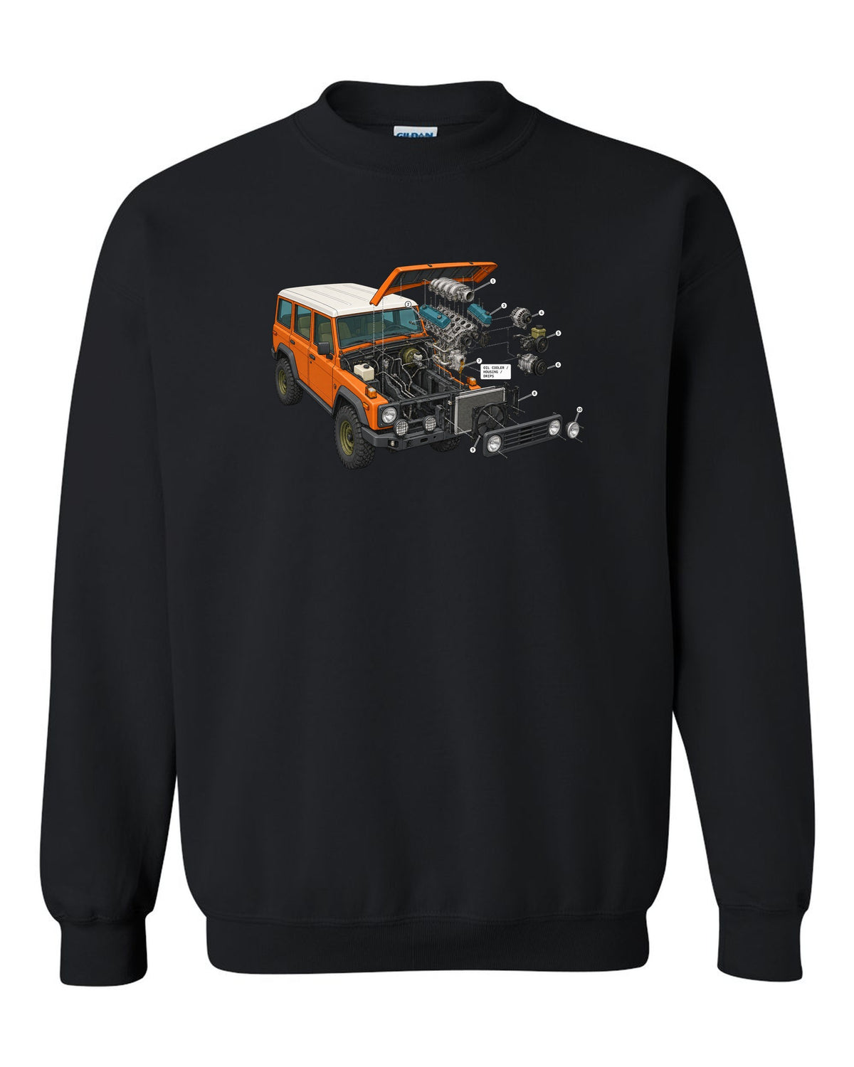 Jeep Wrangler JK V6 exploded engine bay diagram with oil cooler housing drips labels black crewneck front view with the design