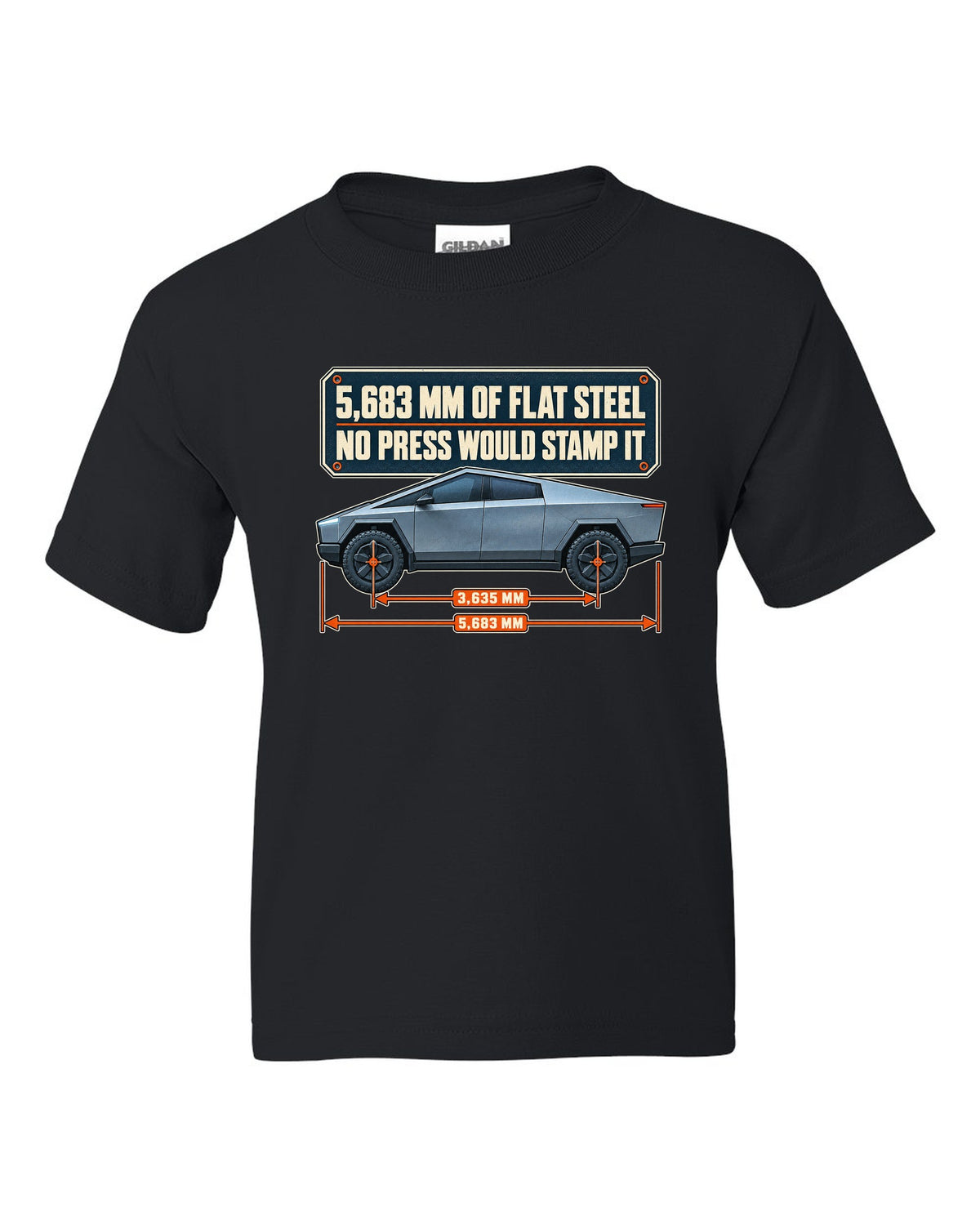 Dimension blueprint print of a Tesla Cybertruck with 5,683 mm length black kids tee front view with the design