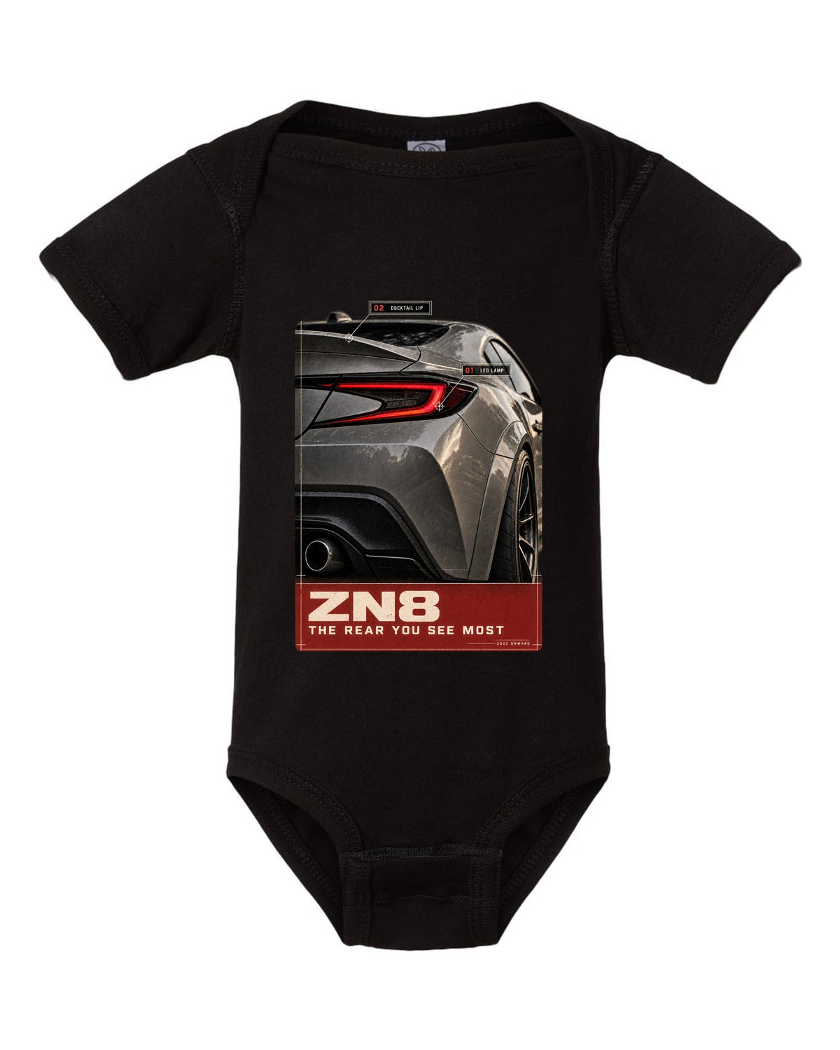 Macro poster-style print of the rear lamp on a Toyota GR86 ZN8 black baby onesie front view with the design