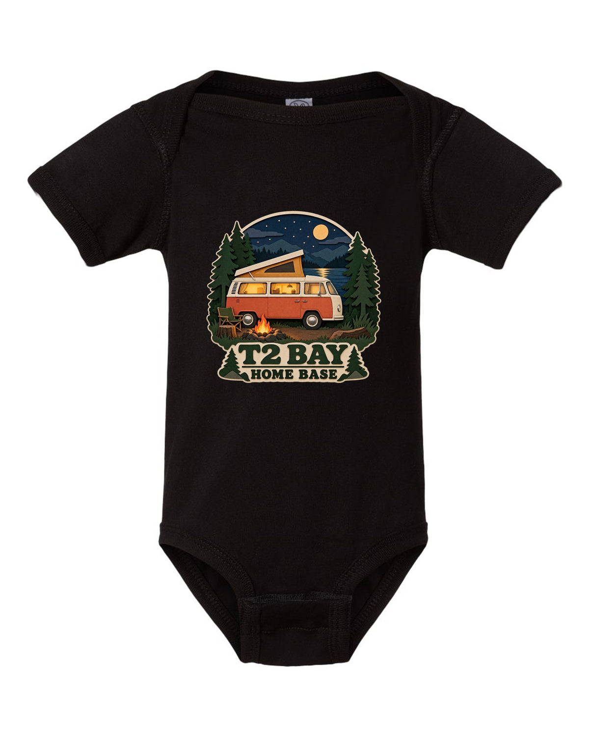 Layered paper-cutout shadow box print of a VW Bus T2 bay-window at a night camp black baby onesie front view with the design