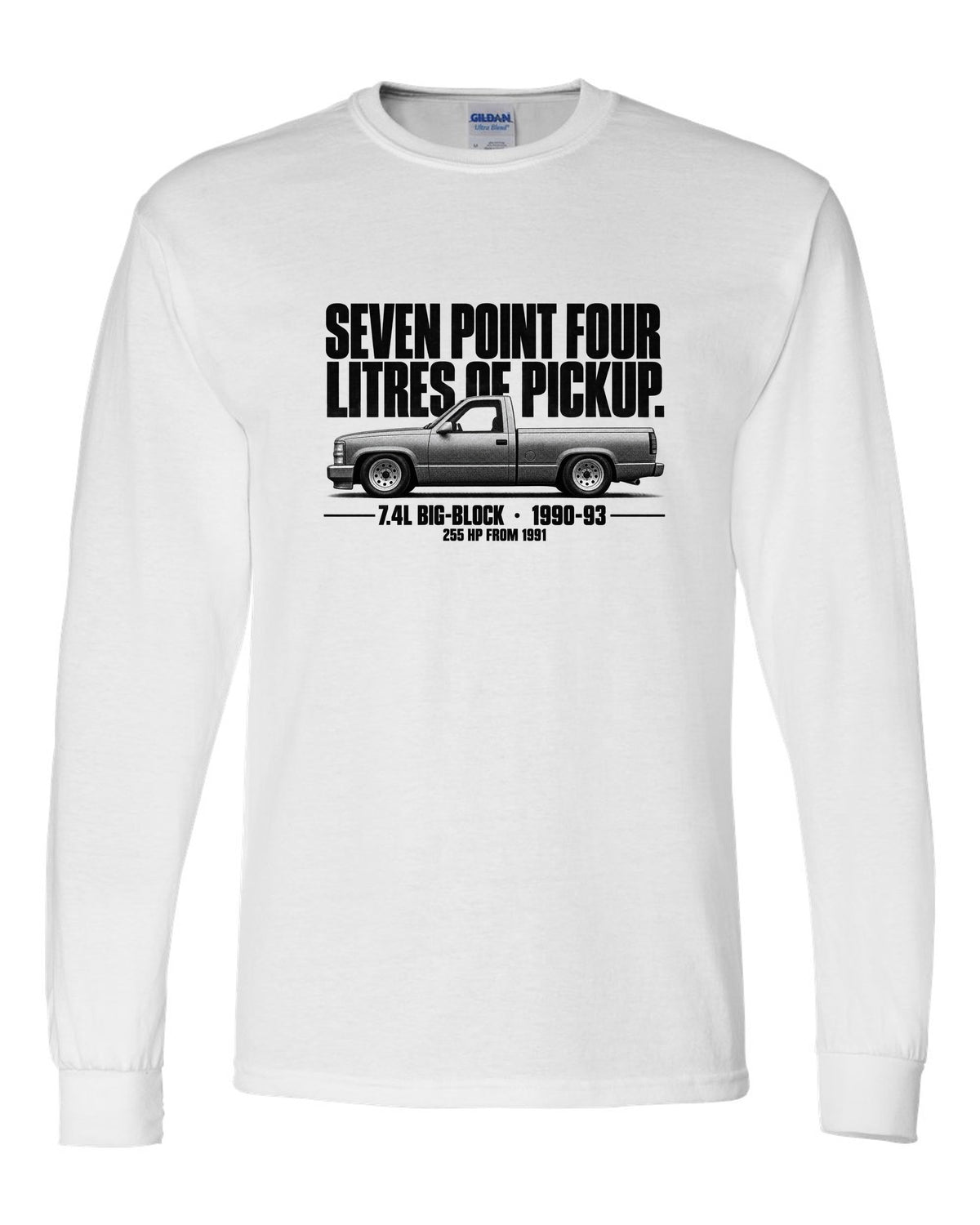 Chevy 454 SS Pickup Halftone Profile white long sleeve front view with the design
