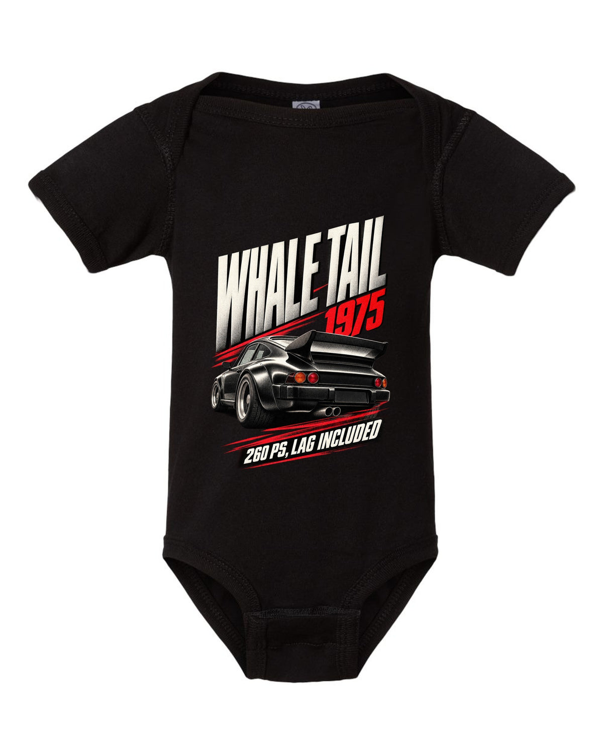 Race poster print of the 1975 Porsche 911 Turbo 3.0 (930) with whale tail and 260 PS text black baby onesie front view with the design