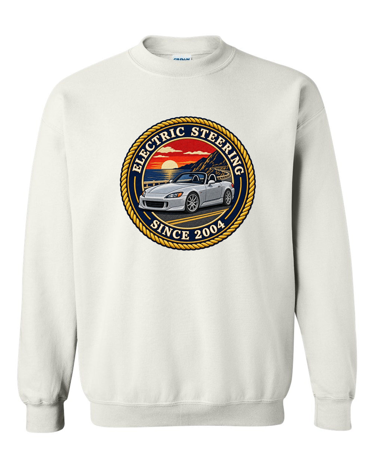 Embroidery-style round crest print of a 2004 Honda S2000 AP2 roadster white crewneck front view with the design