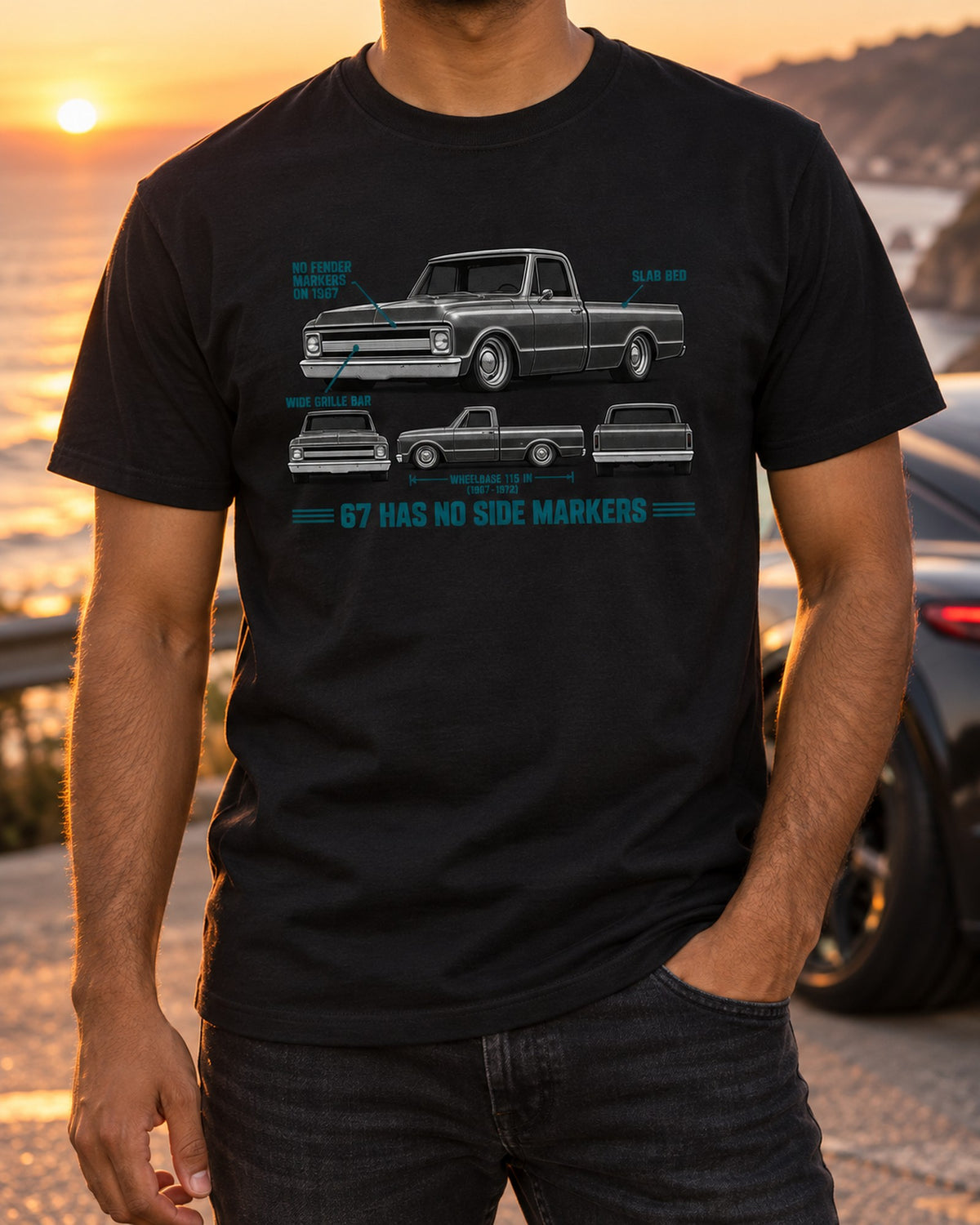 Chevrolet C10 Fleetside 1967-72 Spec Strip Shirt, Truck Guy Gift T-Shirt Black worn hero