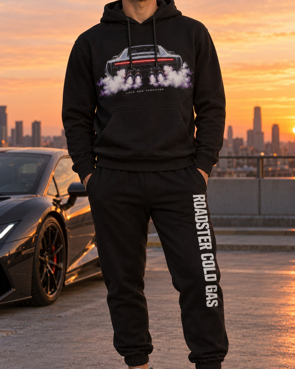 Tesla Roadster Cold GAS Dream Car Hoodie + Jogger Set Black worn hero