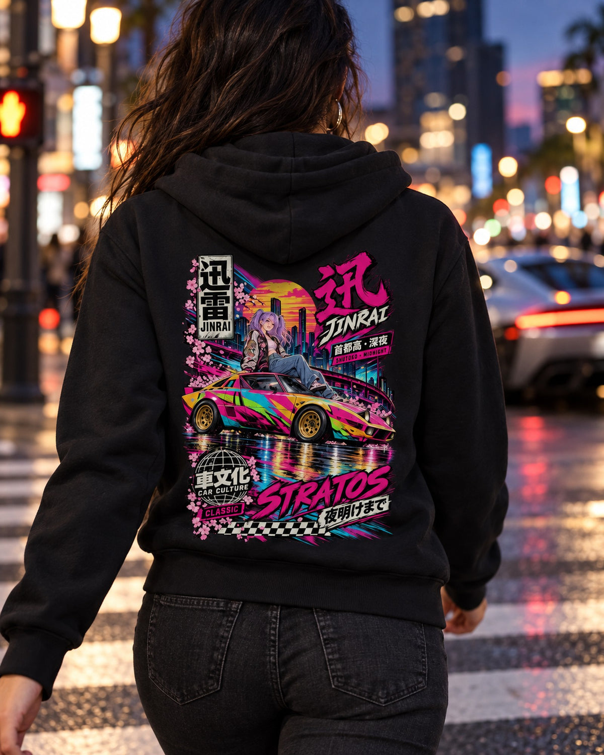 JINRAI STRATOS Anime Girl Full-Back Graphic Tee Zip Hoodie Black worn hero