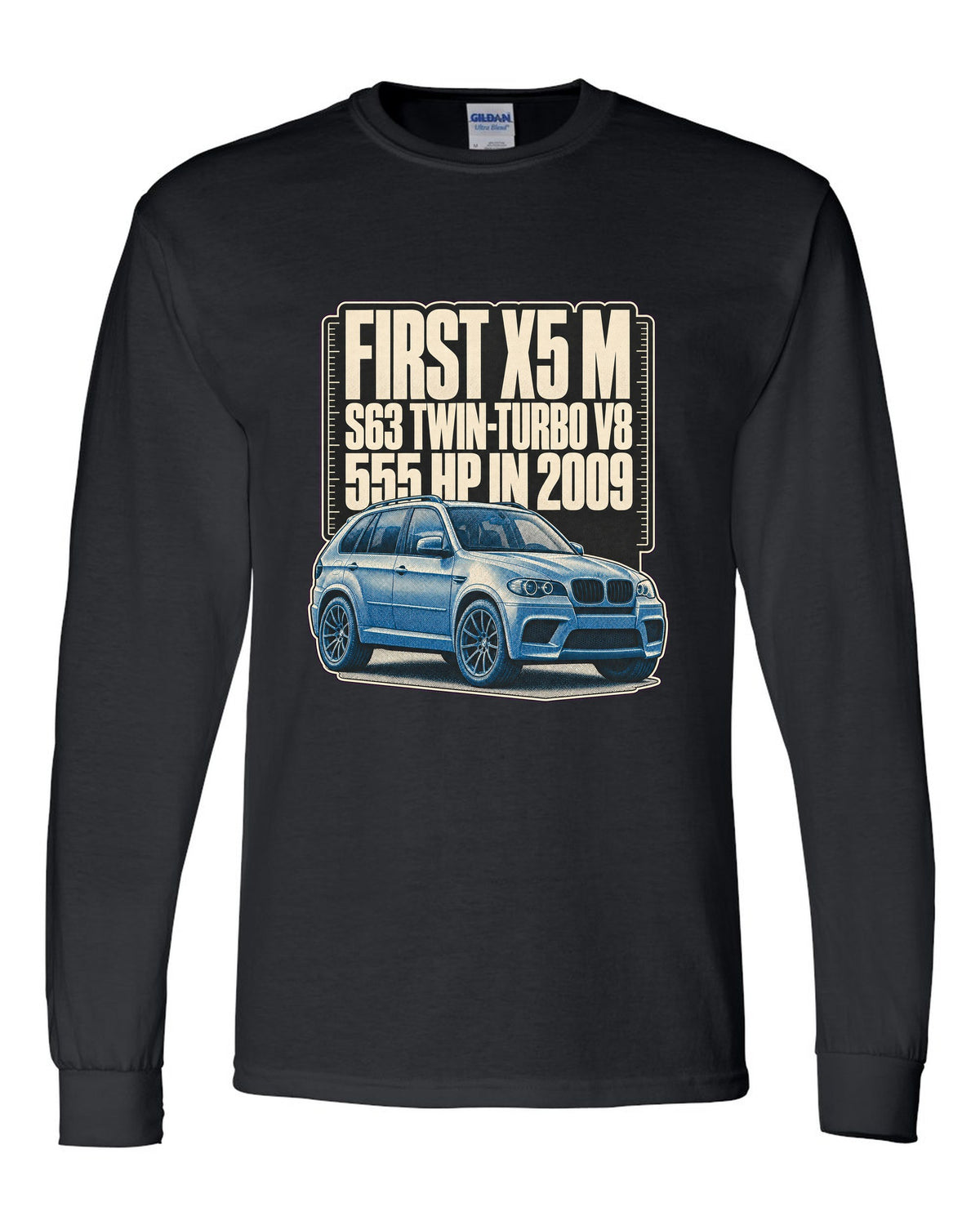 BMW X5 M E70 halftone print on a tee black long sleeve front view with the design