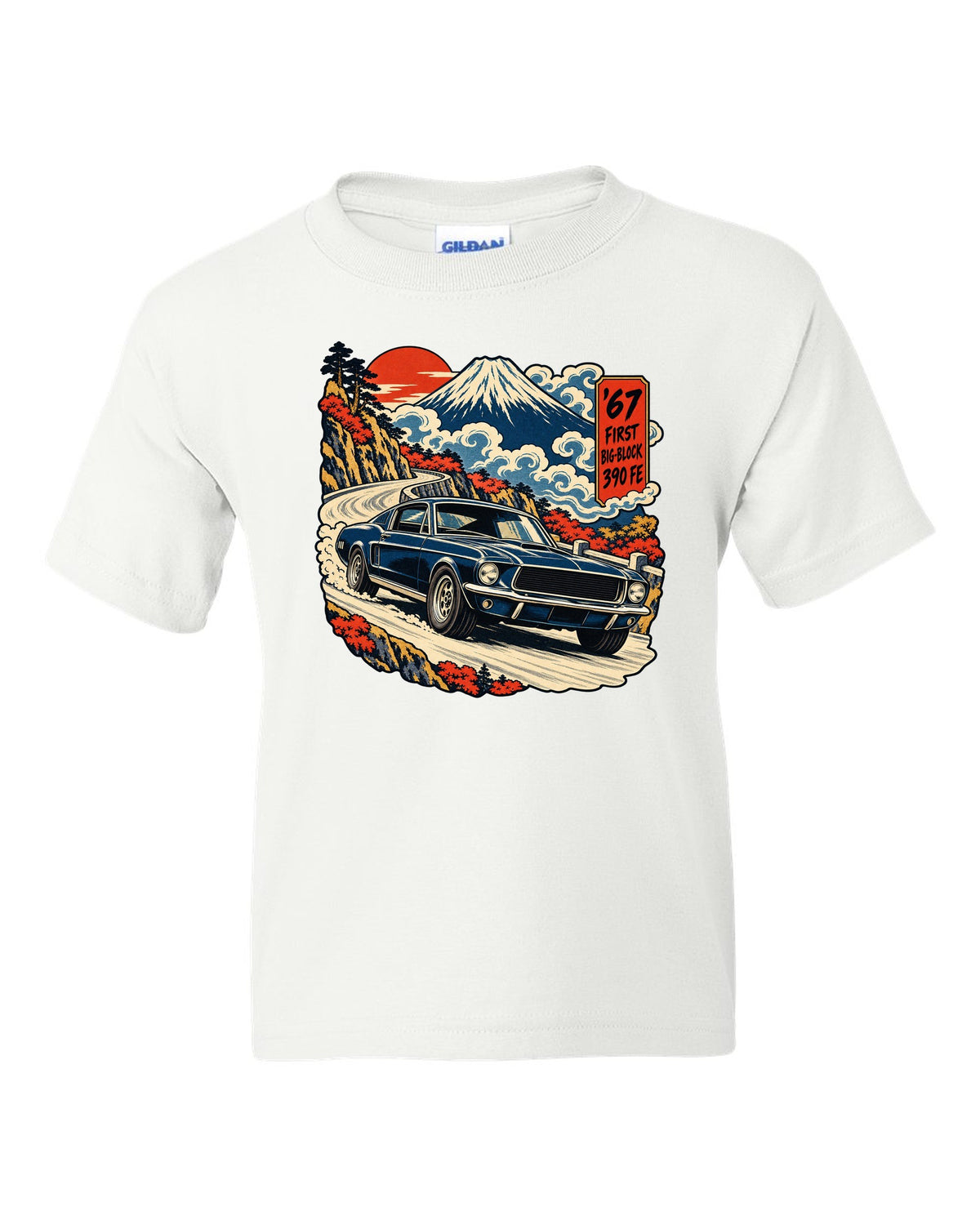 Ukiyo-e woodblock print of a 1967 Ford Mustang fastback with 390 FE first big-block text white kids tee front view with the design