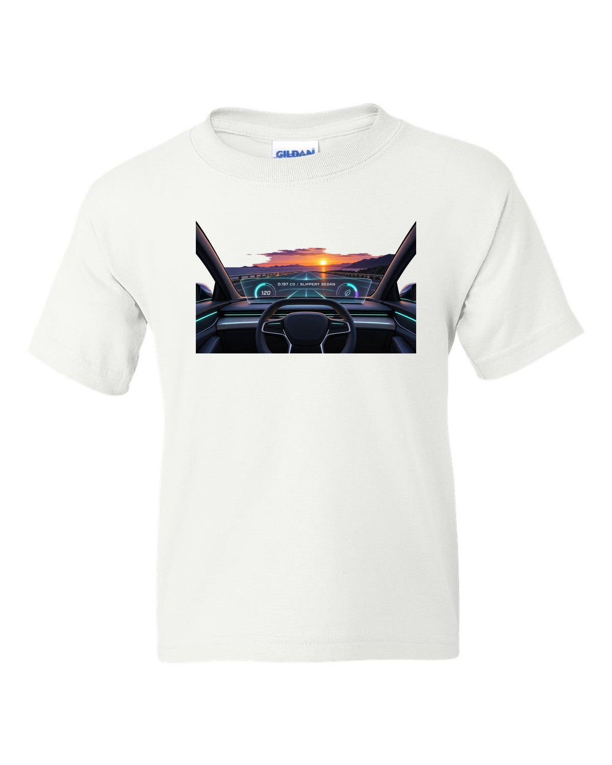 Lucid Air Sapphire gauge cluster HUD print with the text 0.197 Cd slippery sedan white kids tee front view with the design