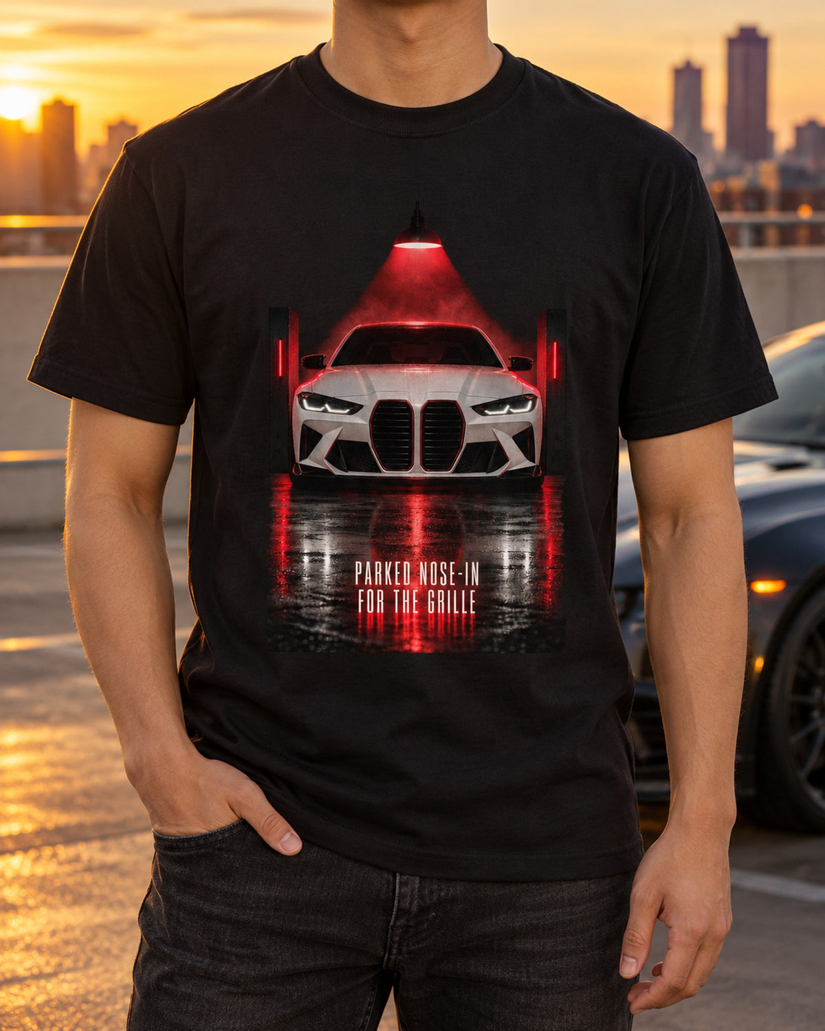 BMW G80 M3 Garage Night Shirt, Parked Nose-In for the Grille T-Shirt Black worn hero