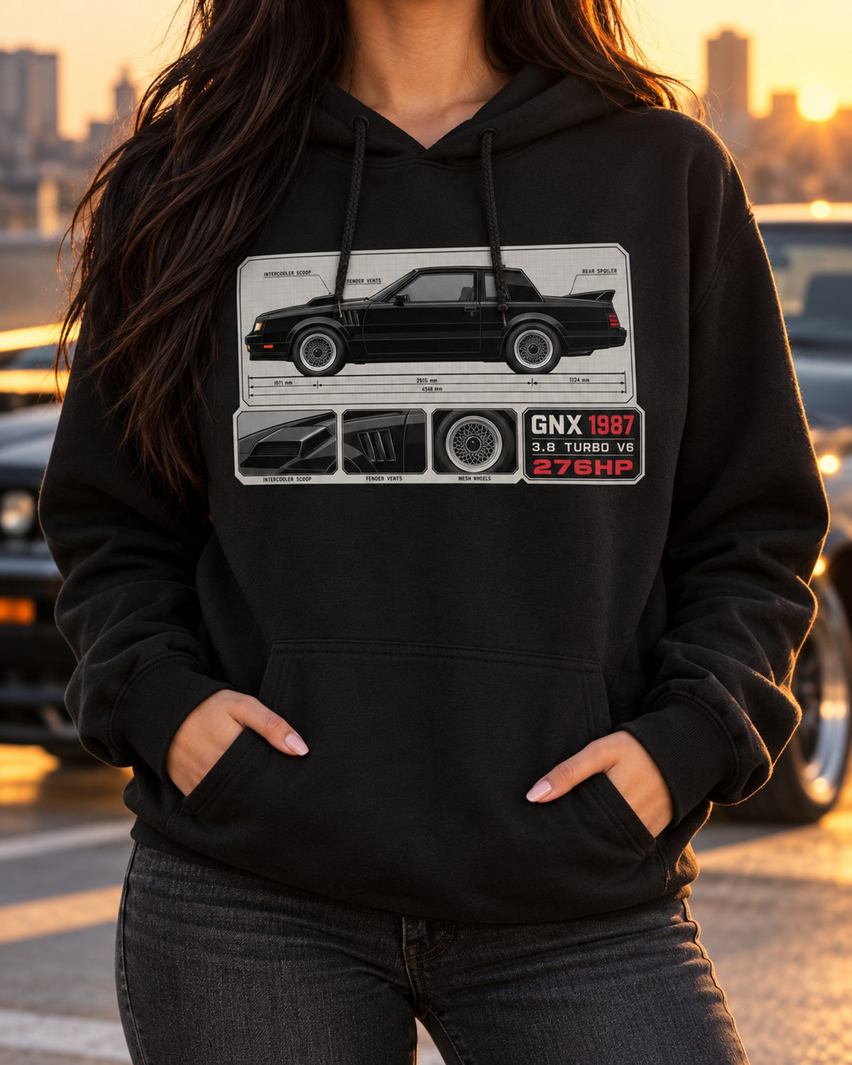 1987 Buick GNX Spec Sheet Shirt, Turbo V6 Car Guy Gift Pull Over Hoodie Black worn hero