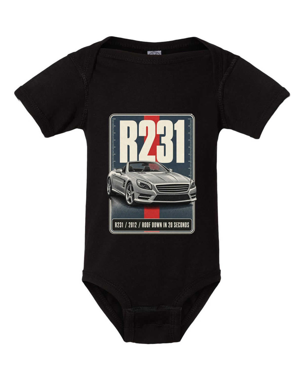 Mercedes-Benz SL R231 low front three-quarter halftone print in warm grey black baby onesie front view with the design