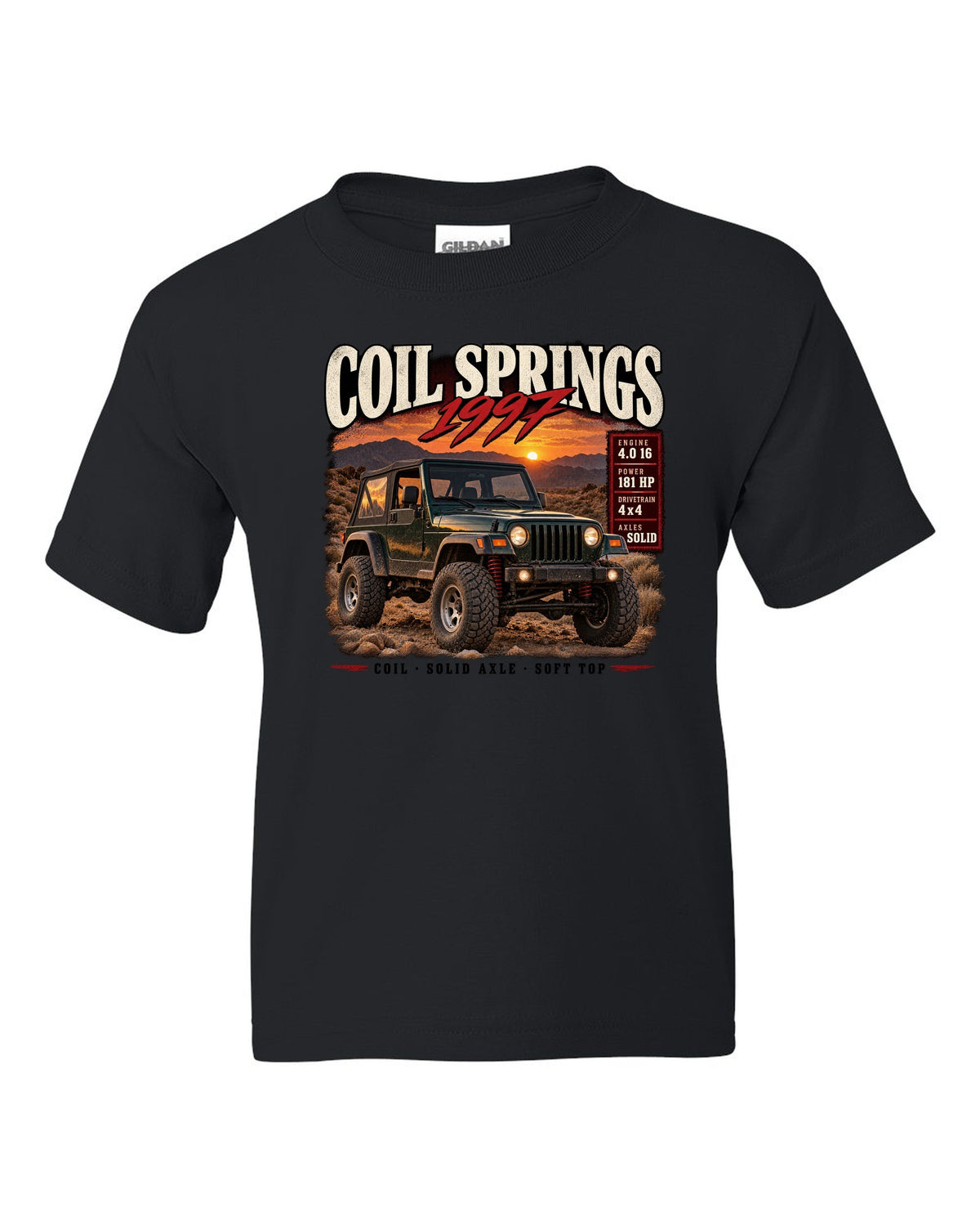 Archive panel print for the Jeep Wrangler TJ, Coil Springs 1997 Finally black kids tee front view with the design