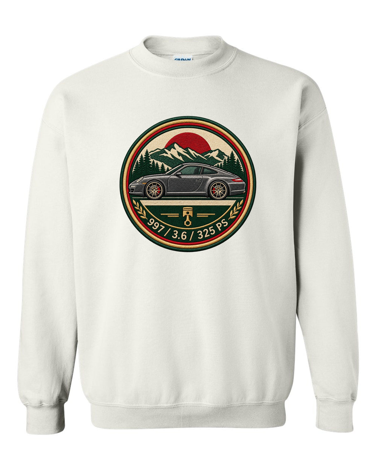 Round crest print of a Porsche 911 996 with the text 996, 3.4 and 300 PS white crewneck front view with the design