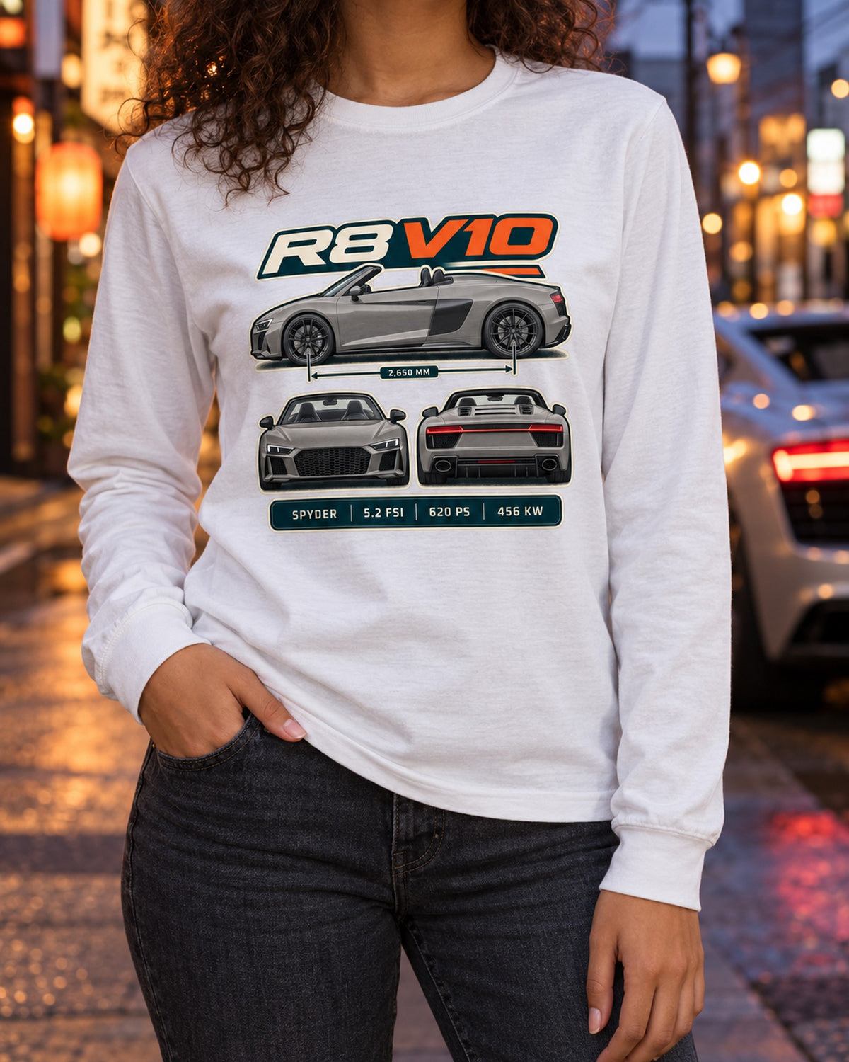 Audi R8 Spyder V10 Performance Three-View Spec Table Shirt Long Sleeve White worn hero