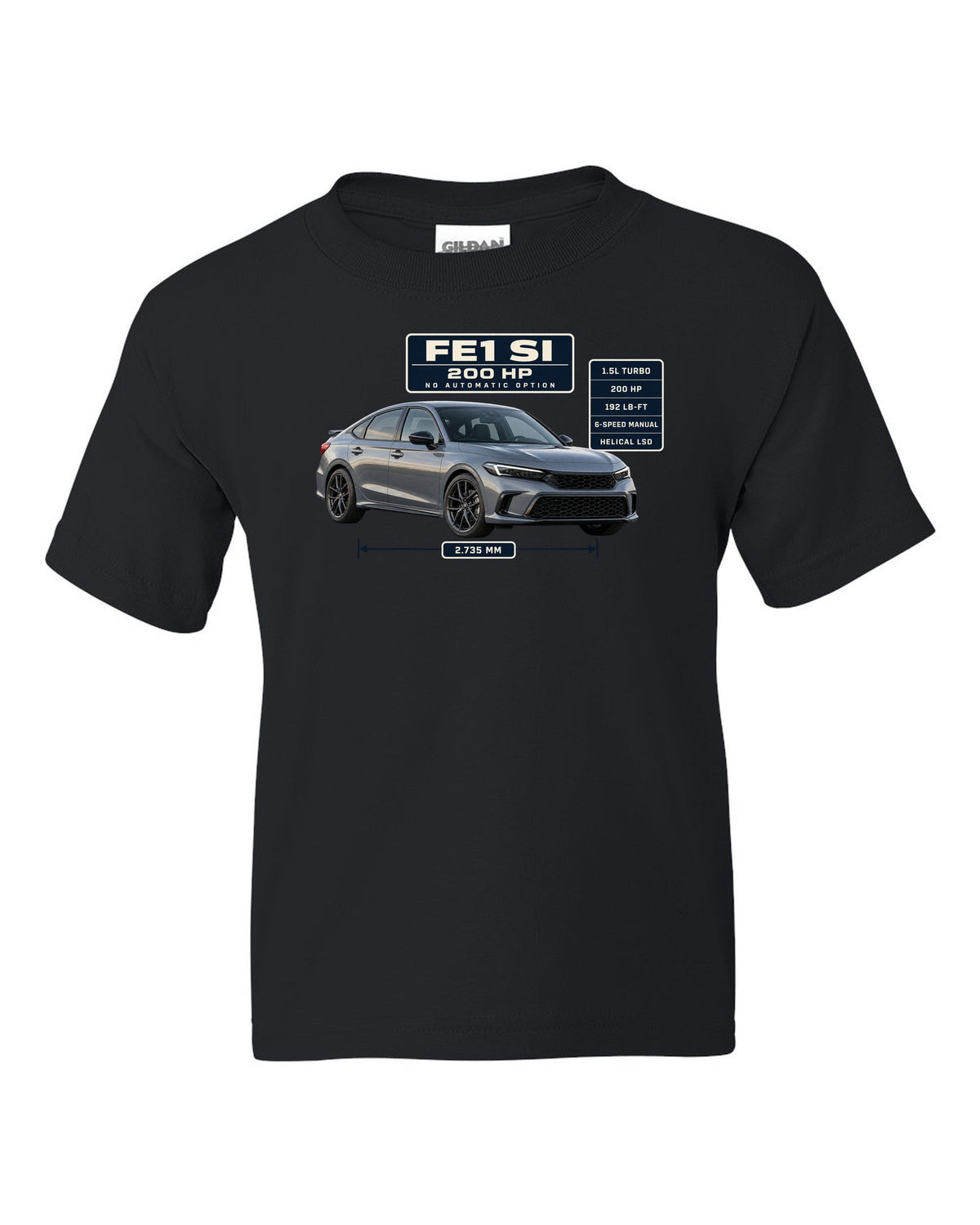 Honda Civic Si FE1 sedan front three-quarter spec poster print black kids tee front view with the design