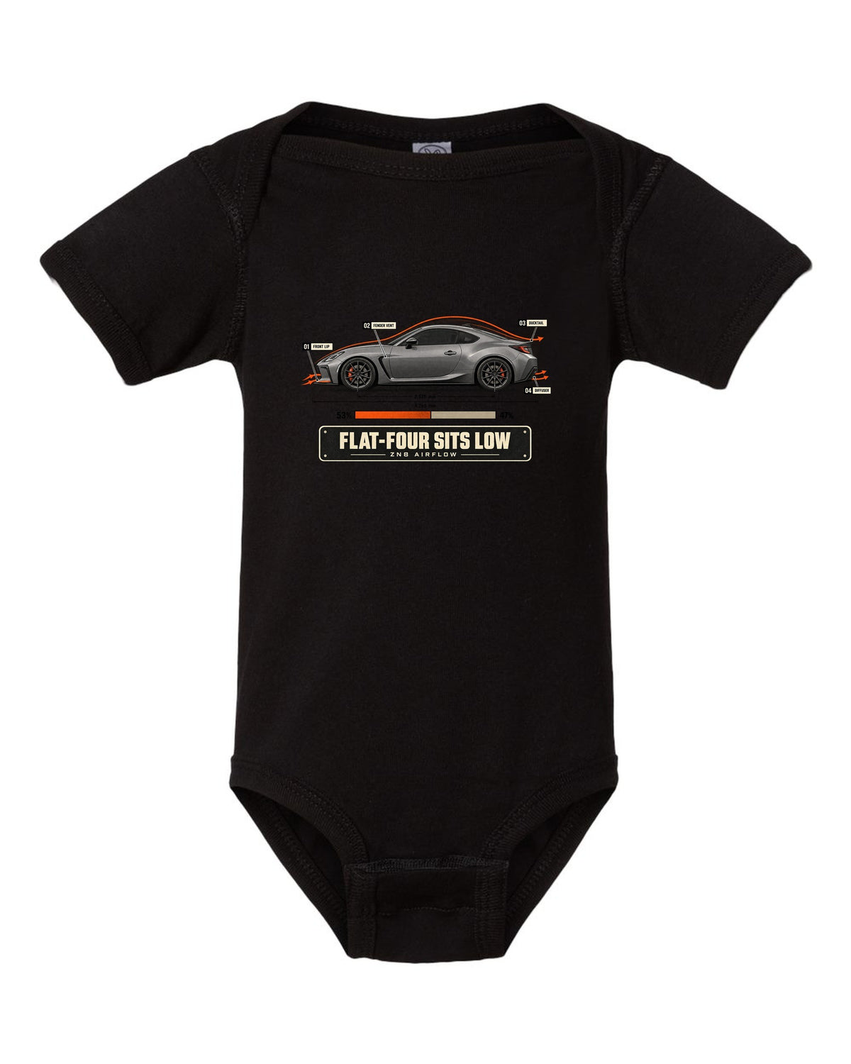 Cutaway-style airflow diagram of a Toyota GR86 ZN8 with callouts, poster-style print black baby onesie front view with the design