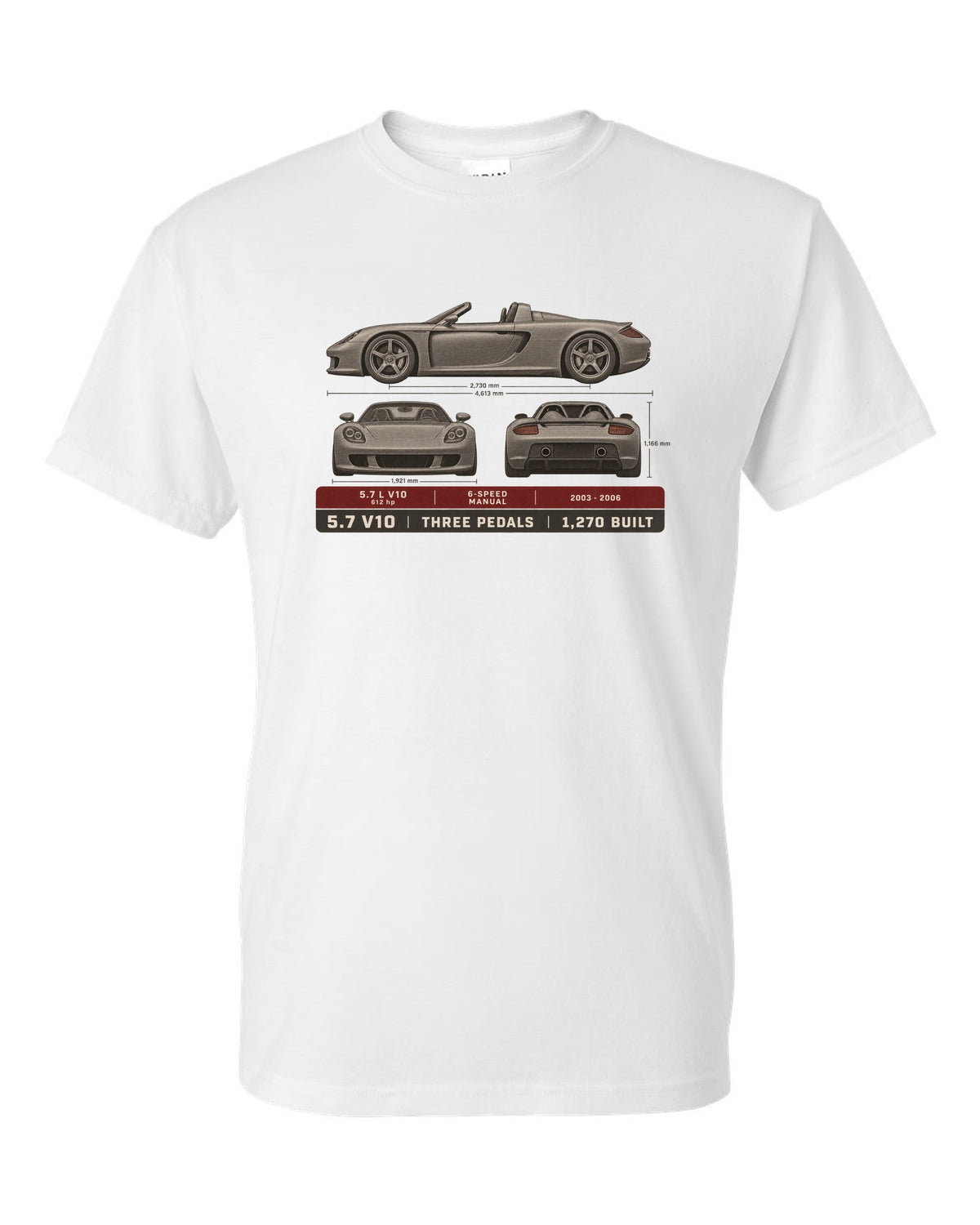 Porsche Carrera GT three-view and spec table print design white t-shirt front view with the design