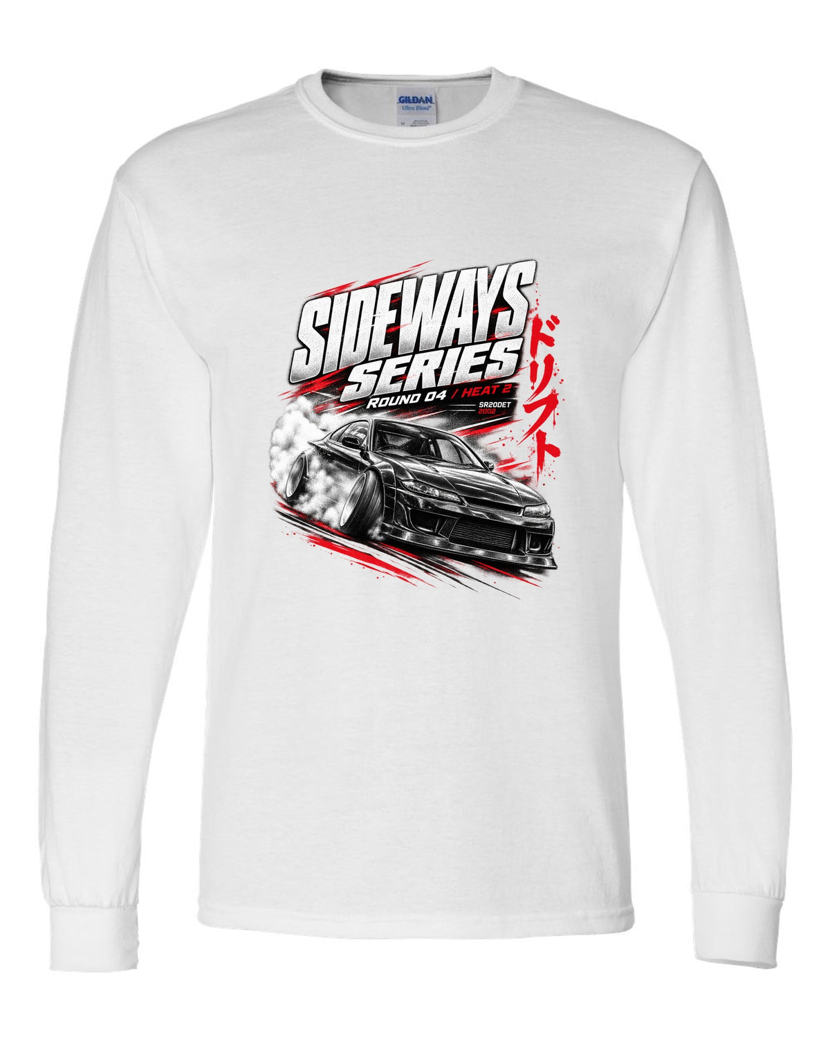 Race poster print of a Nissan Silvia S15 with Sideways Series Round 04 lettering white long sleeve front view with the design