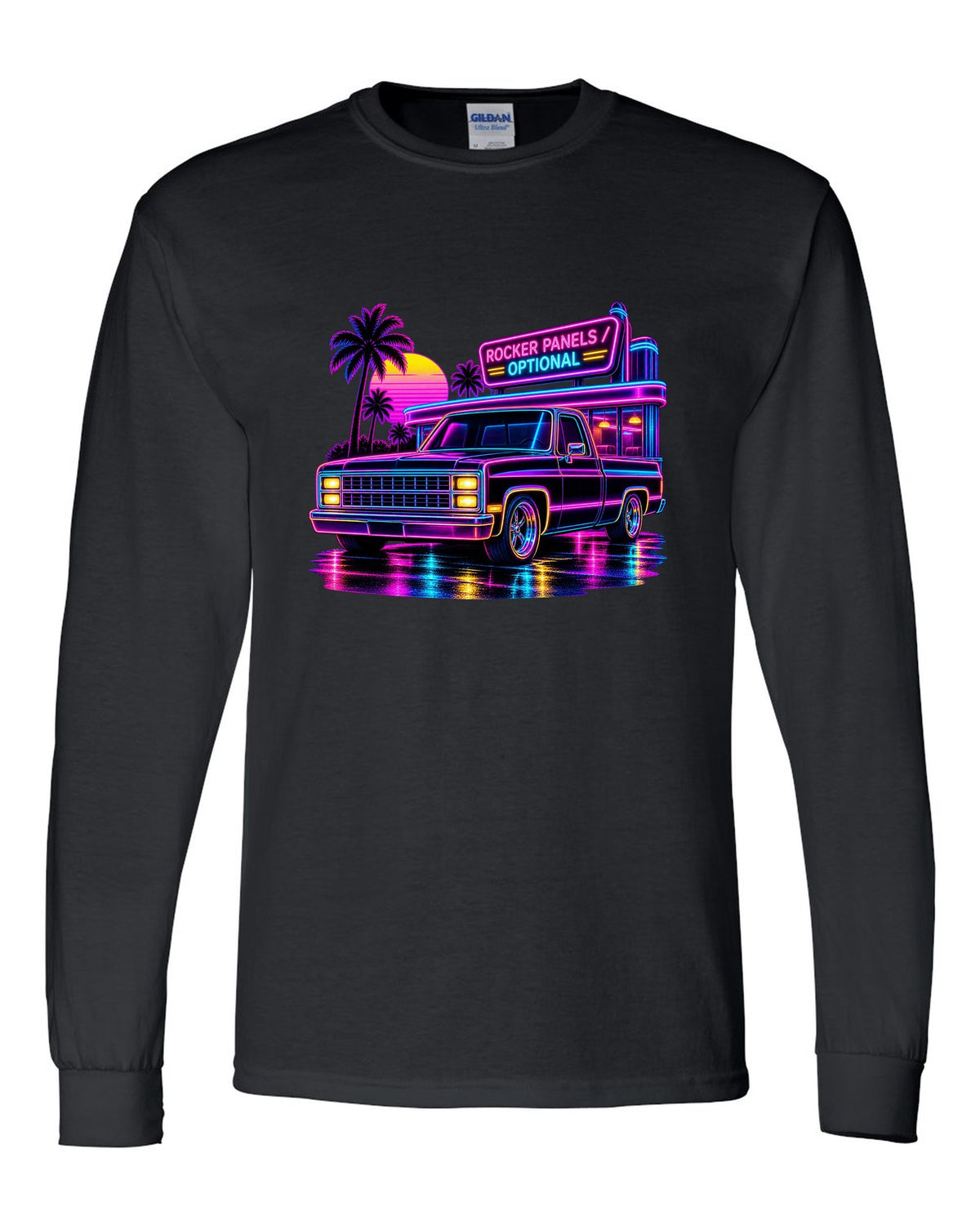 Neon synthwave line art print of a 1973-87 Chevrolet C10 Squarebody at a diner with rocker panels optional lettering black long sleeve front view with the design
