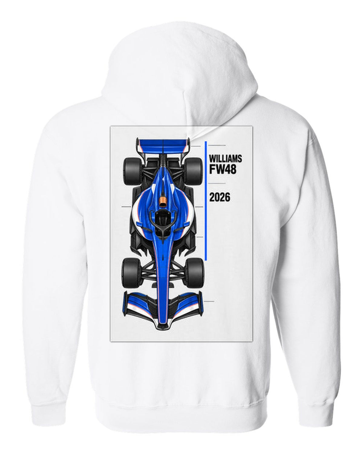 Williams FW48 2026 F1 car technical poster artwork white zip hoodie back view with the design