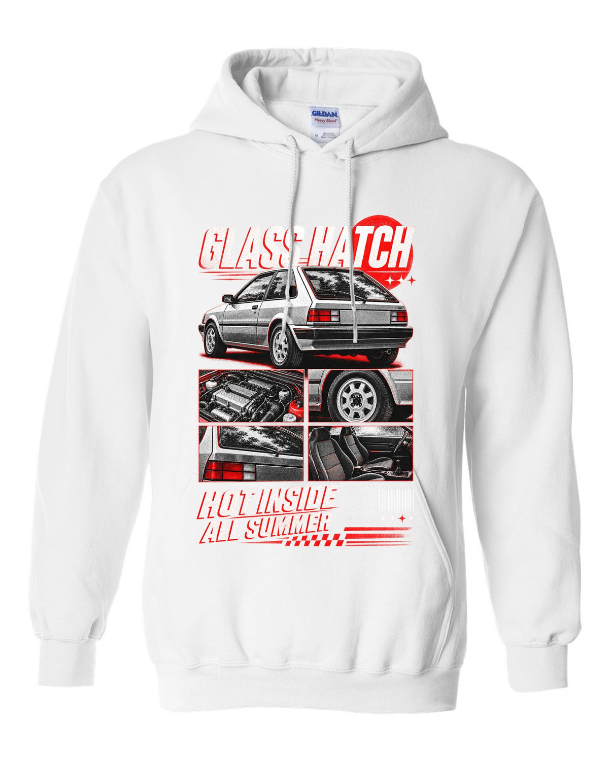 Dossier panel print for the 1989 Honda CRX EF8 Si about its glass ch being hot all summer white pull over hoodie front view with the design