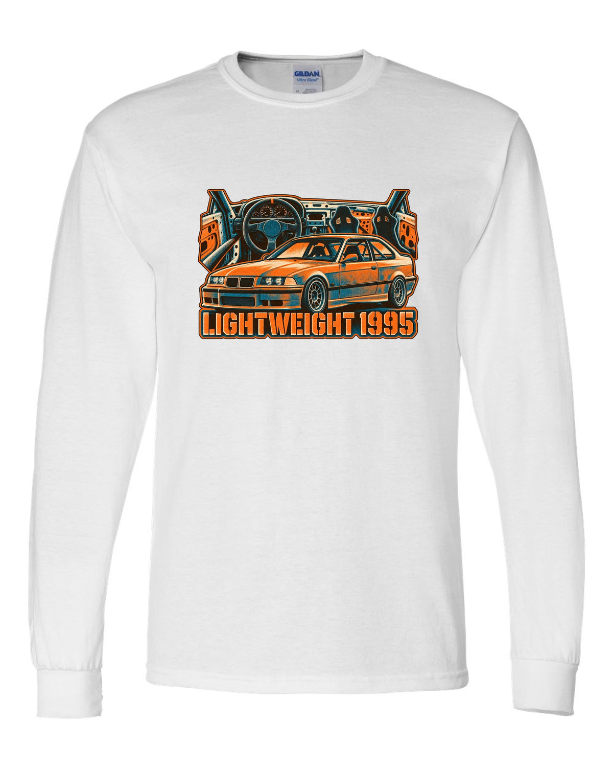Watercolour wet-road night illustration of a BMW E36 M3 coupe in a garage with coolant flange fund text white long sleeve front view with the design