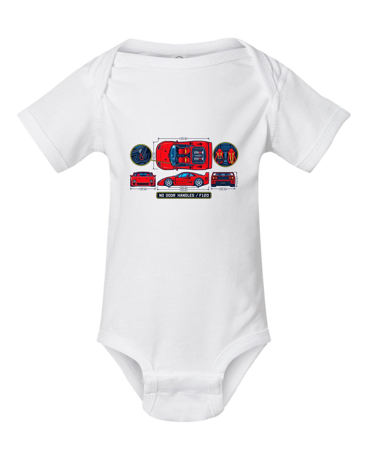 Technical blueprint print of a 1987 Ferrari F40 F120 cabin with no door handles text white baby onesie front view with the design