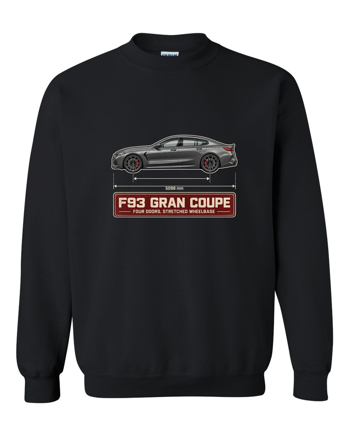 BMW M8 Competition Gran Coupe F93 blueprint print on a tee black crewneck front view with the design