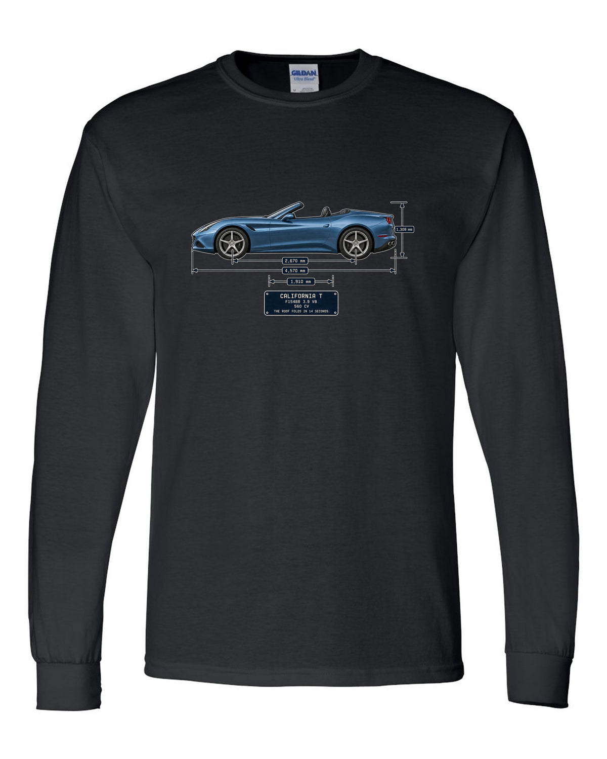 Dimension blueprint print of the Ferrari California T with roof folded black long sleeve front view with the design