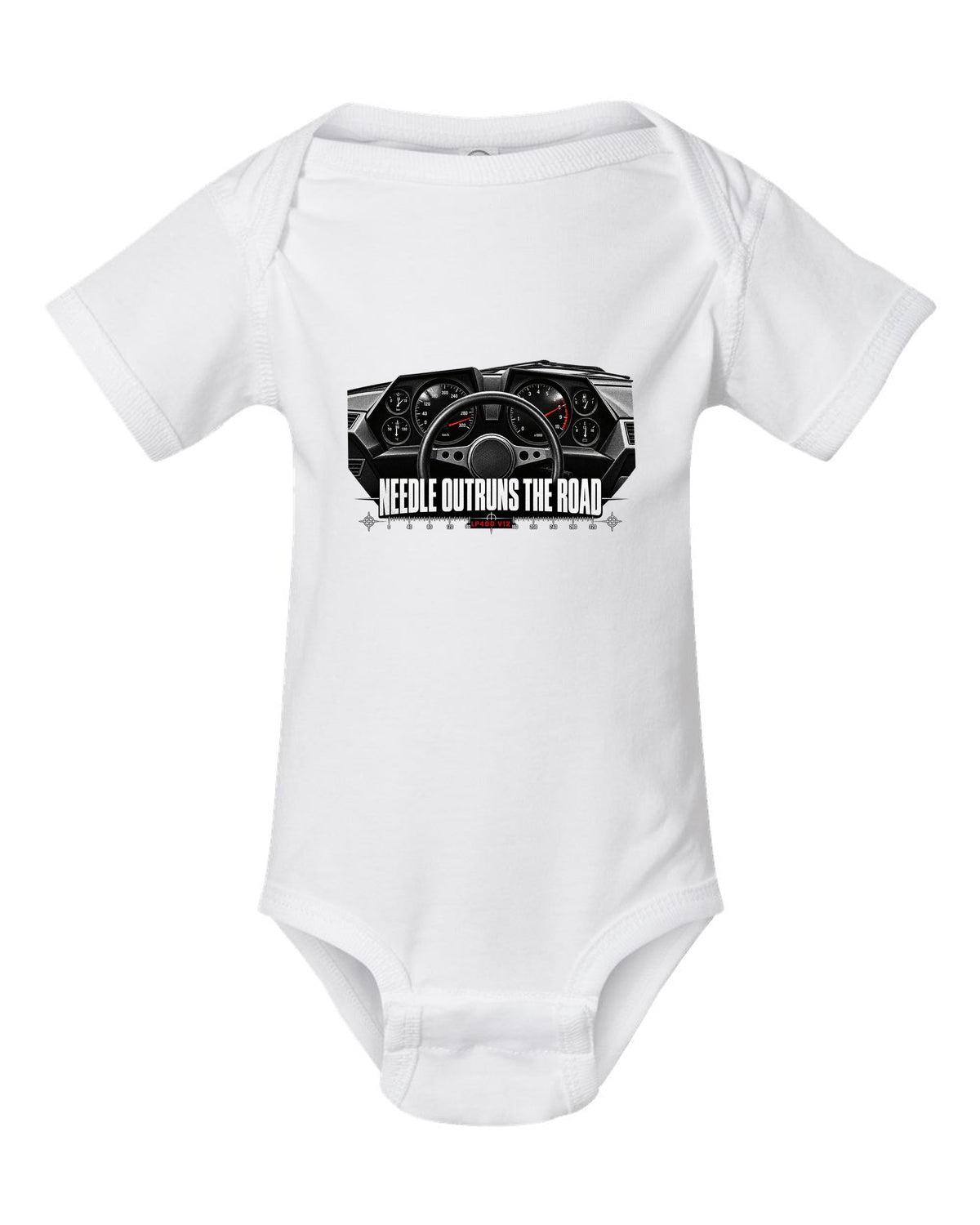 Cockpit gauge print of a Lamborghini Countach LP400 interior with needle outruns the road text white baby onesie front view with the design