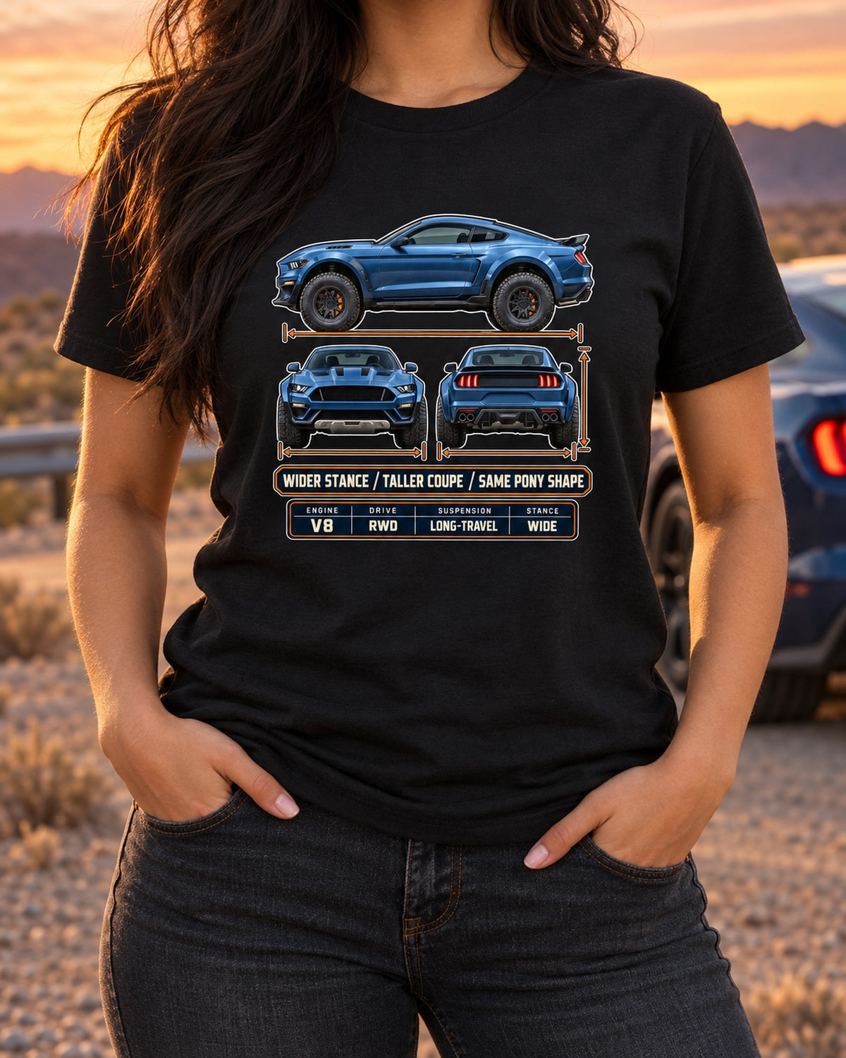 Mustang Raptor Concept Three-View Spec Table Tee, Pony Shape T-Shirt Black worn hero