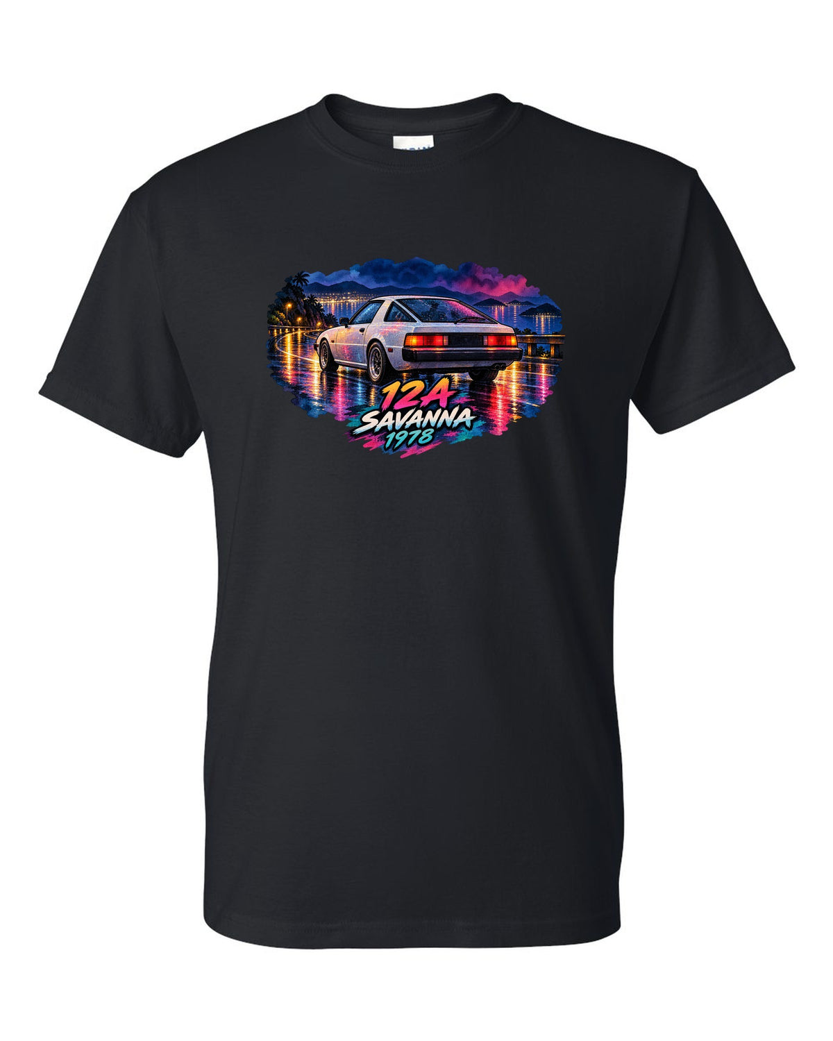 Watercolour wet road night print of a Mazda Savanna RX-7 SA22C with text 12A, Savanna, 1978 black t-shirt front view with the design
