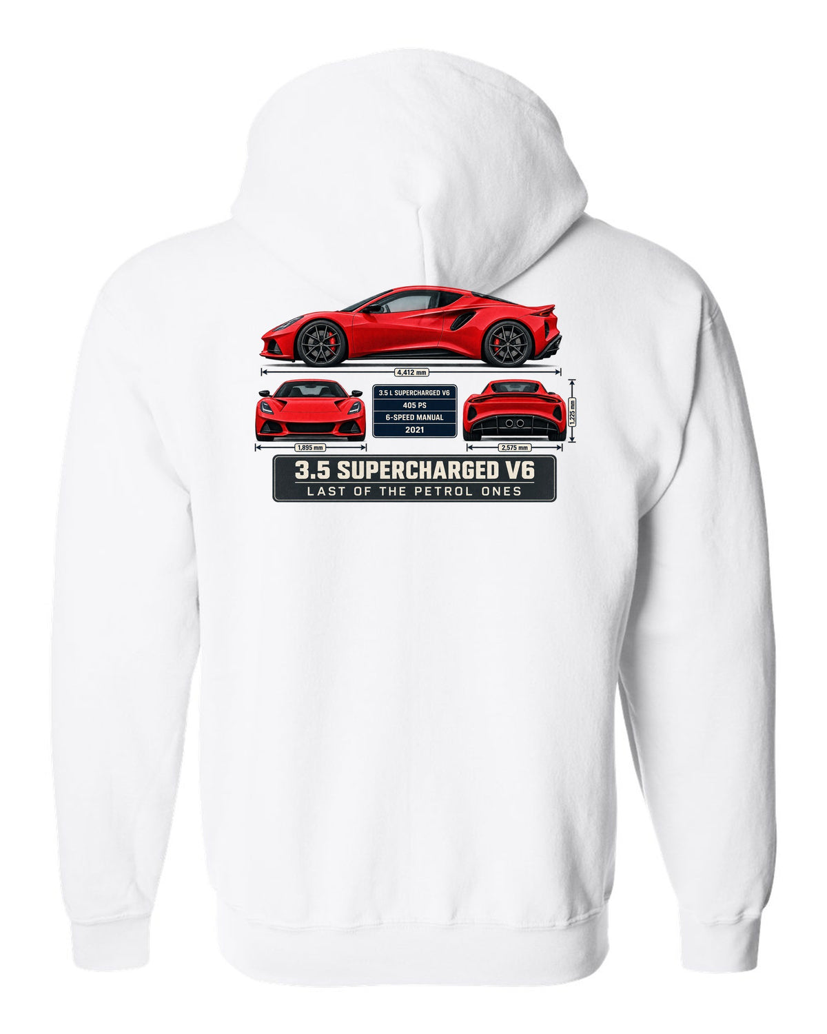 Lotus Emira V6 First Edition Spec Poster Tee, 3.5 Supercharg white zip hoodie back view with the design