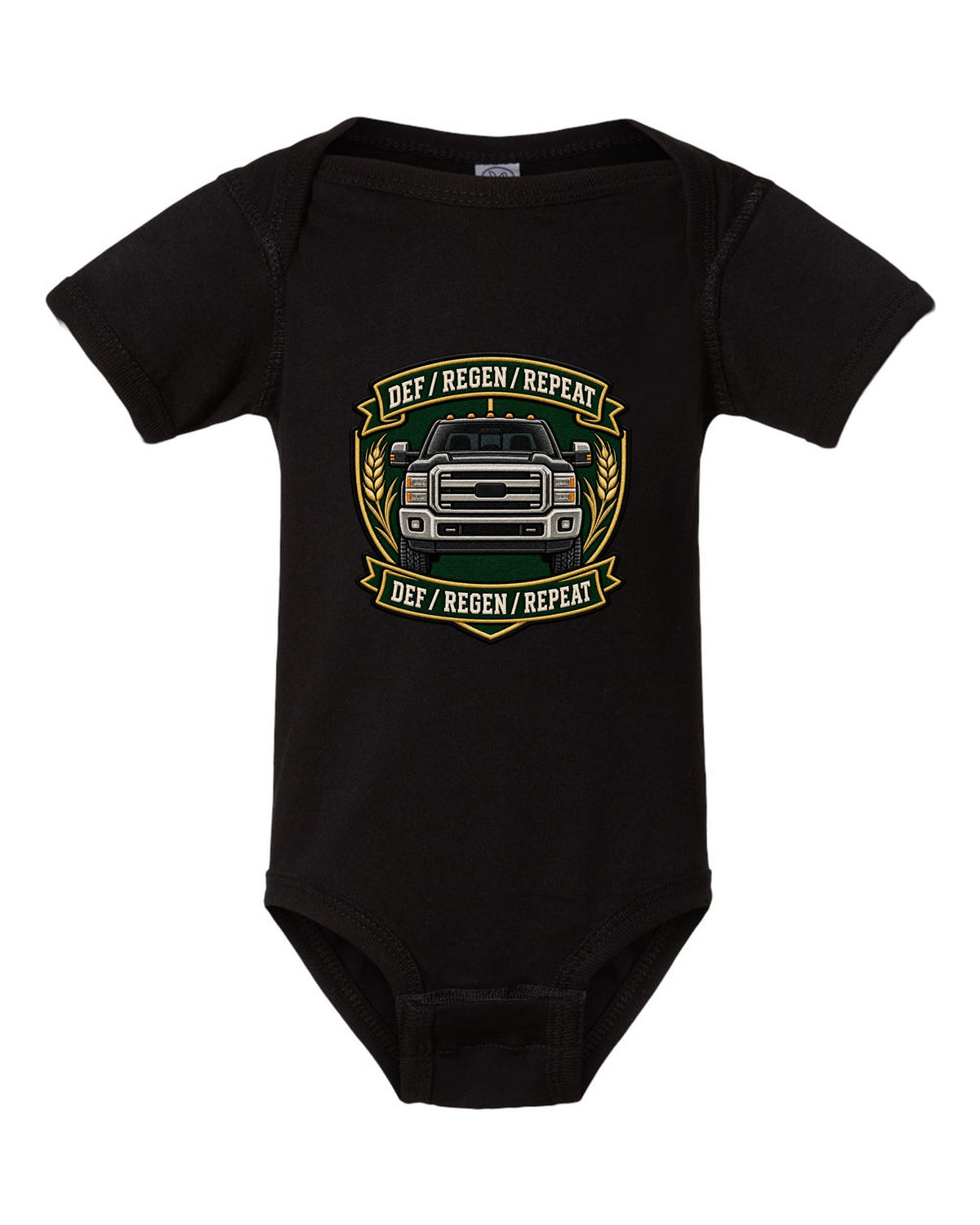 Shield crest print for the 2010-2018 Ram 2500 6.7 Cummins reading DEF regen repeat black baby onesie front view with the design
