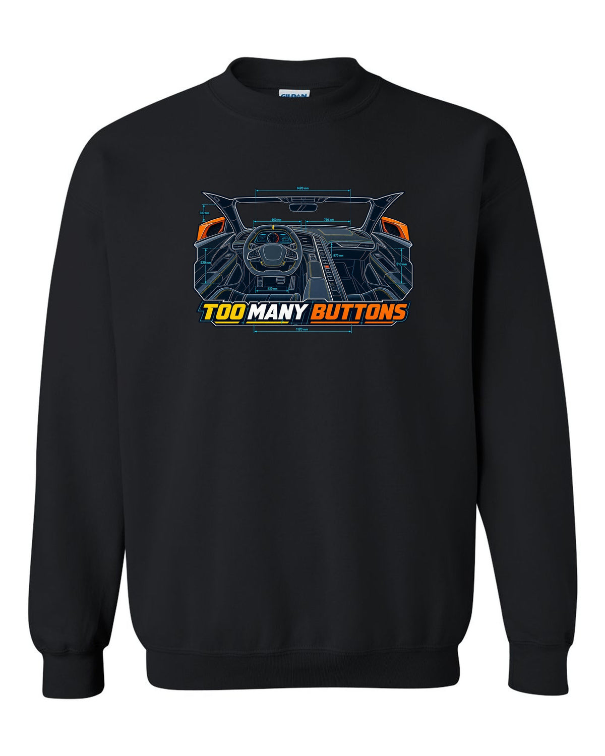 Blueprint line art print of a Chevrolet Corvette C8 Stingray cockpit with Too Many Buttons text black crewneck front view with the design