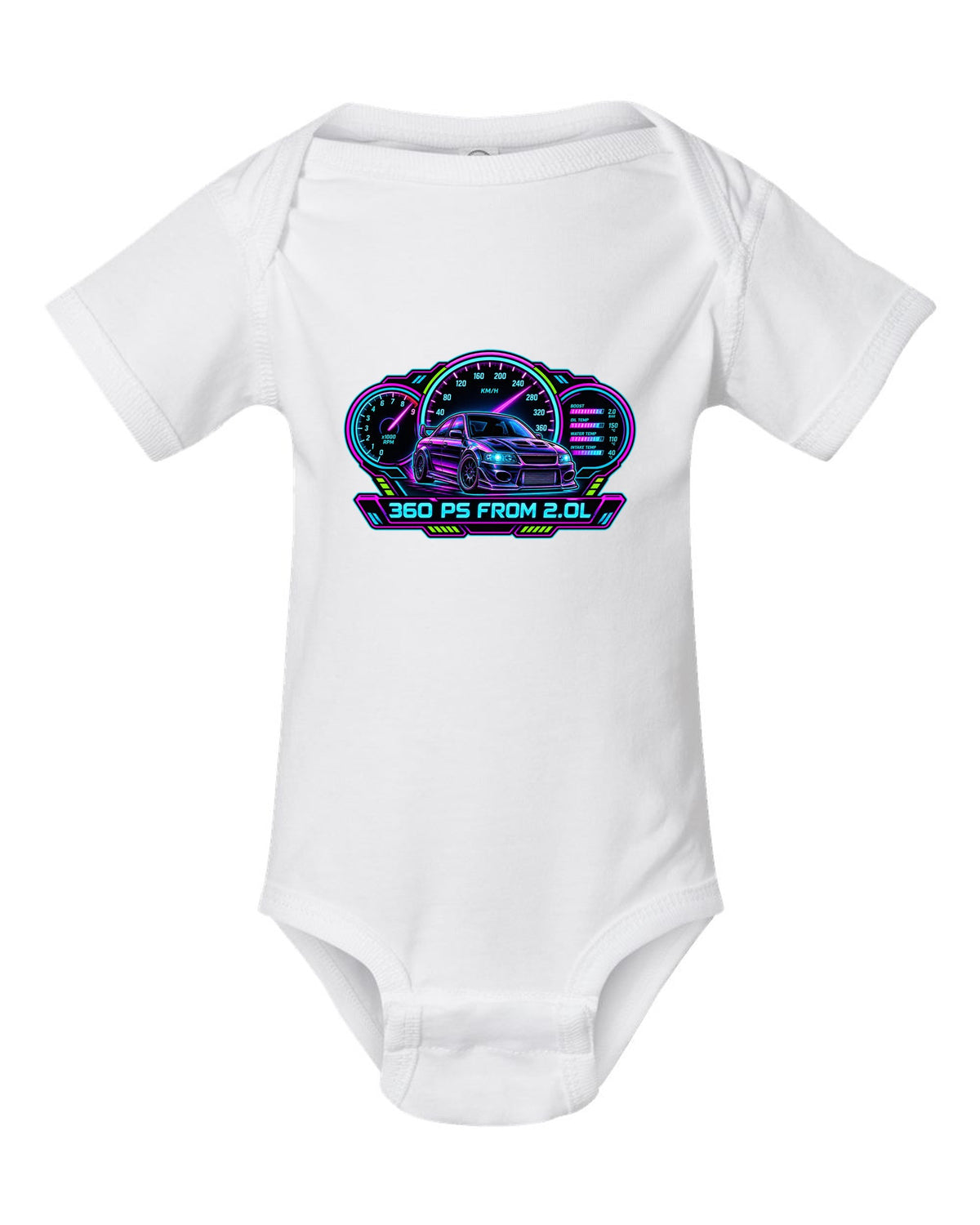 Neon cyberpunk gauge cluster print for the Mitsubishi Evo IX CT9A with 360 PS from 2.0L text white baby onesie front view with the design