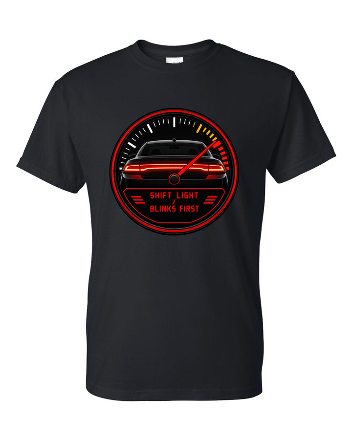 Hyundai Elantra N CN7 gauge-cluster HUD print with shift light blinks first text black t-shirt front view with the design