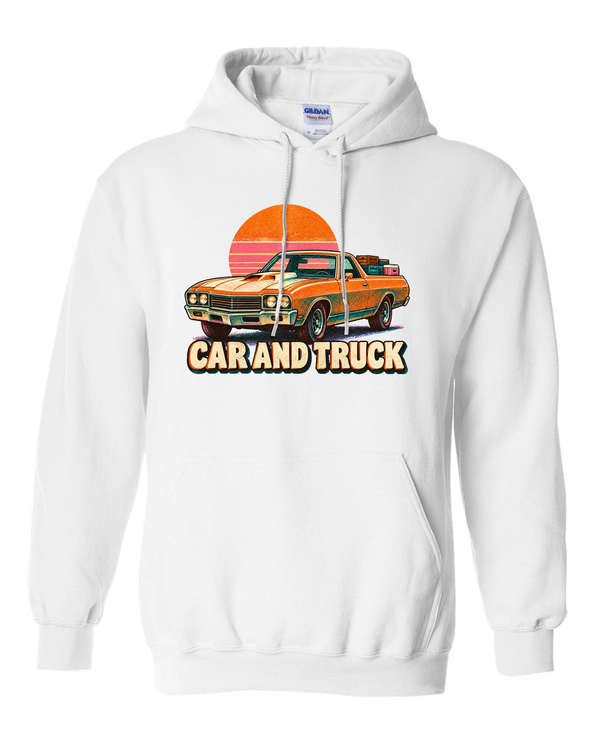 1970 Chevrolet El Camino SS 454 risograph spot-colour print reading Car and Truck white pull over hoodie front view with the design