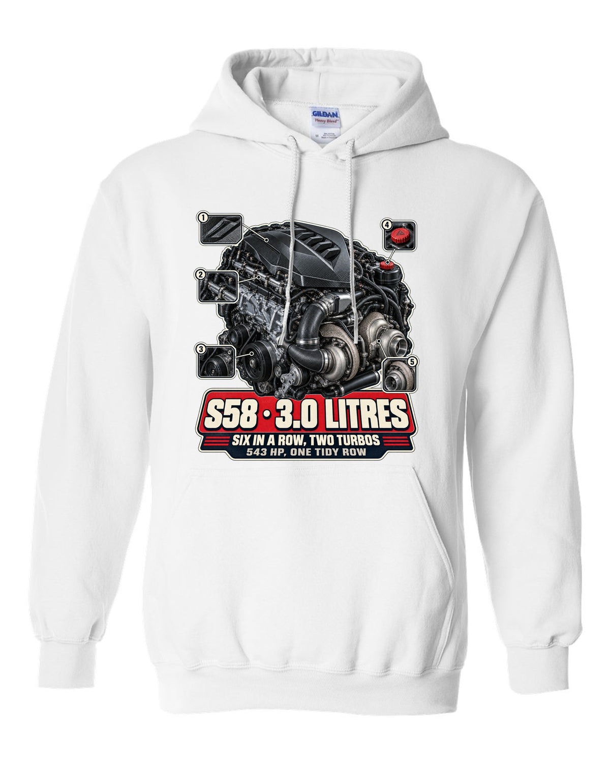 BMW M4 CSL G82 S58 engine bay hero print white pull over hoodie front view with the design