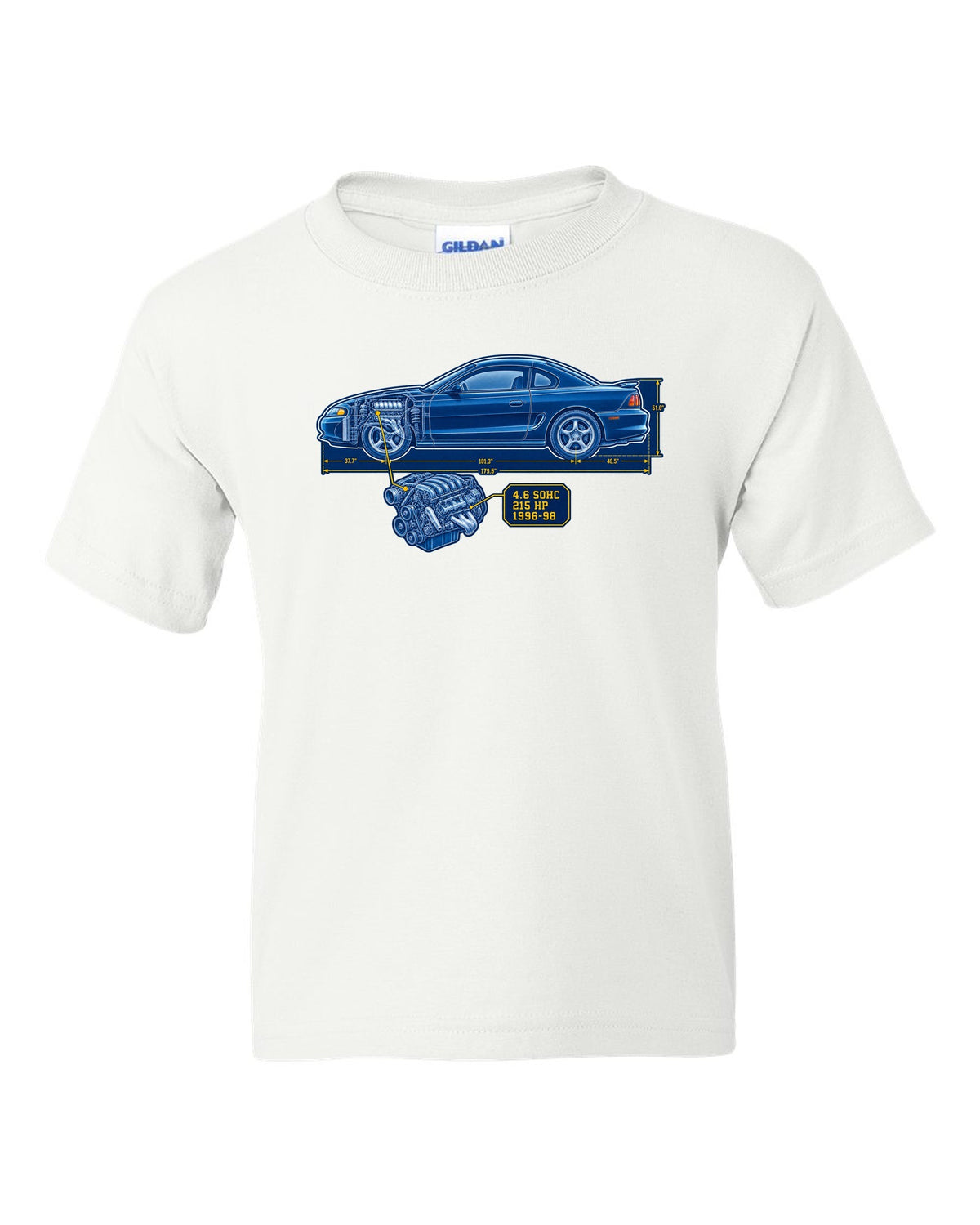 Cyanotype blueprint print of a 1994-98 Ford Mustang SN95 coupe white kids tee front view with the design