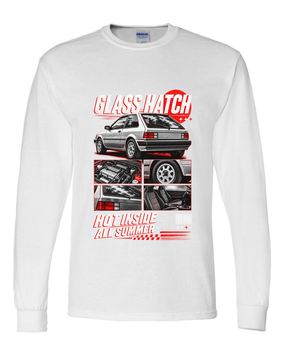 Dossier panel print for the 1989 Honda CRX EF8 Si about its glass ch being hot all summer white long sleeve front view with the design