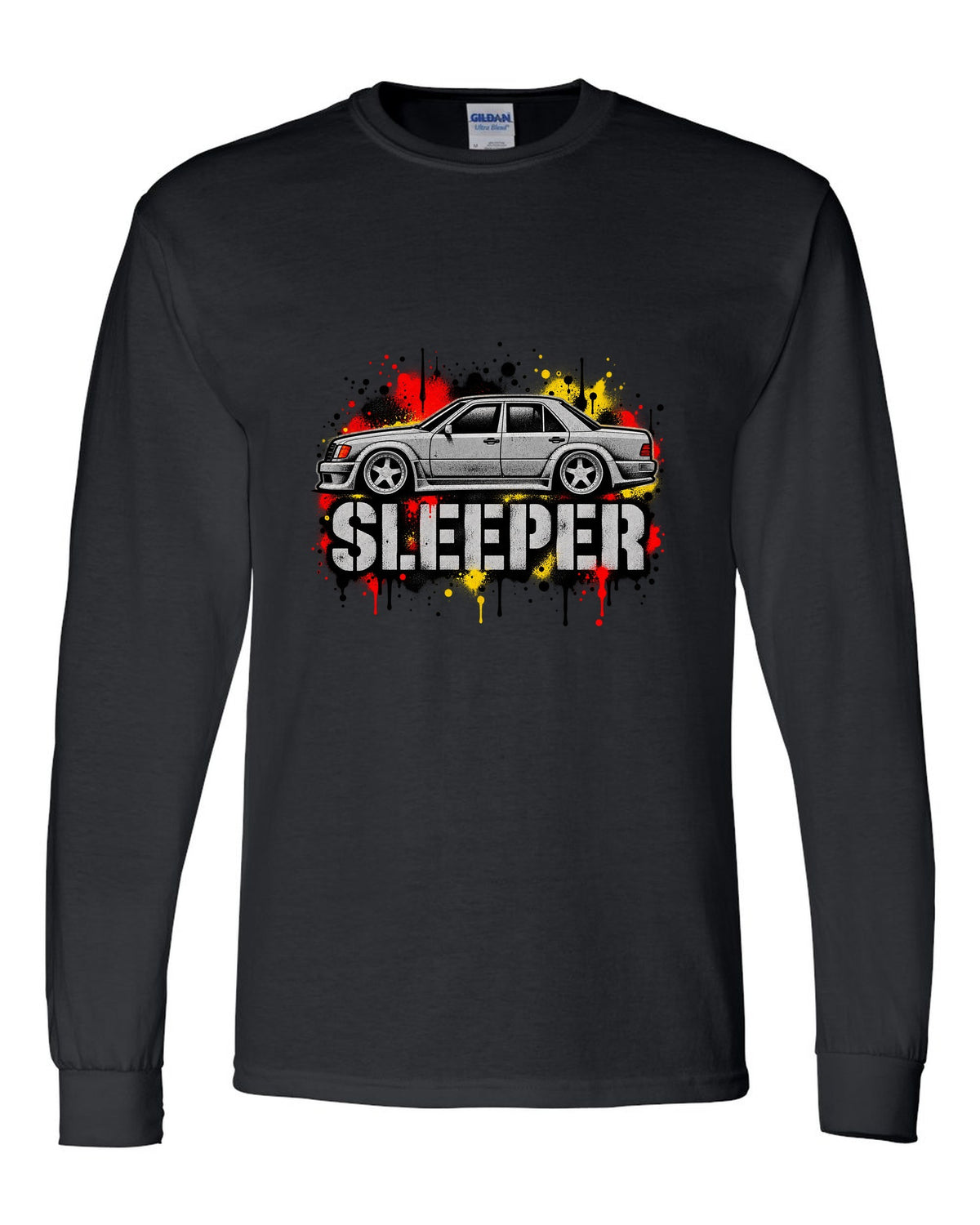 Embroidery-style varsity crest of a Mercedes 300E 5.6 Hammer W124 black long sleeve front view with the design