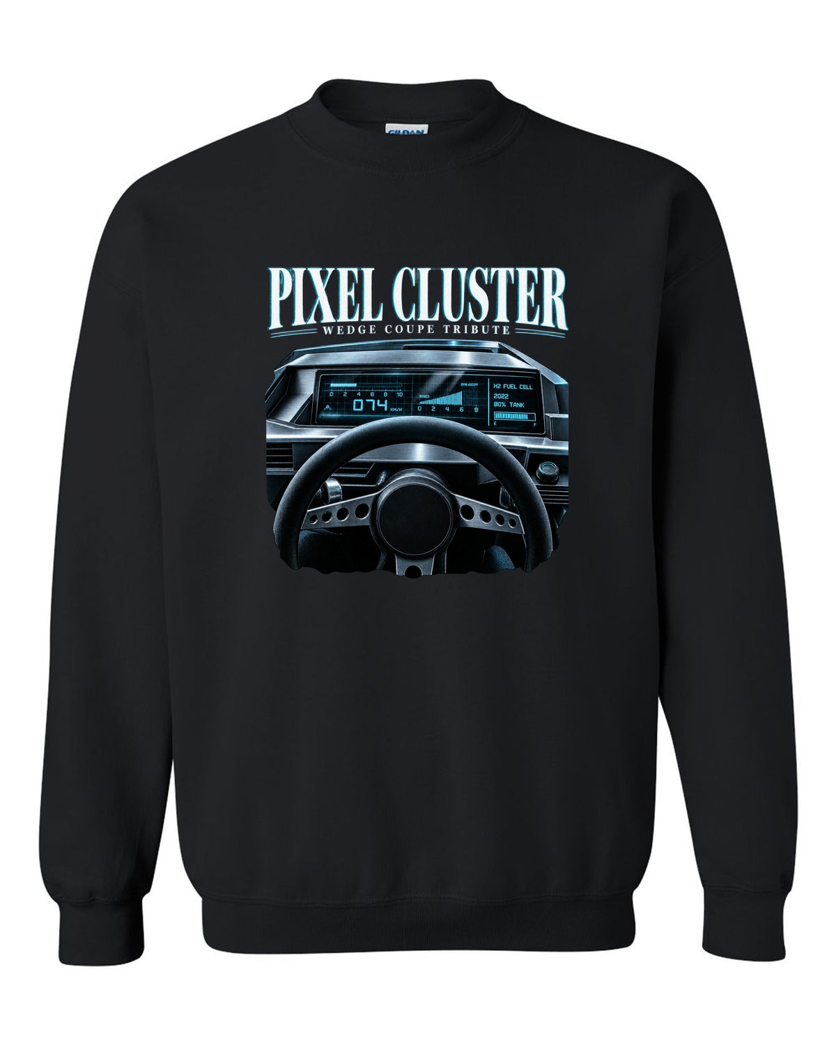 Hyundai N Vision 74 cockpit gauge print with pixel cluster and fuel cell readout black crewneck front view with the design