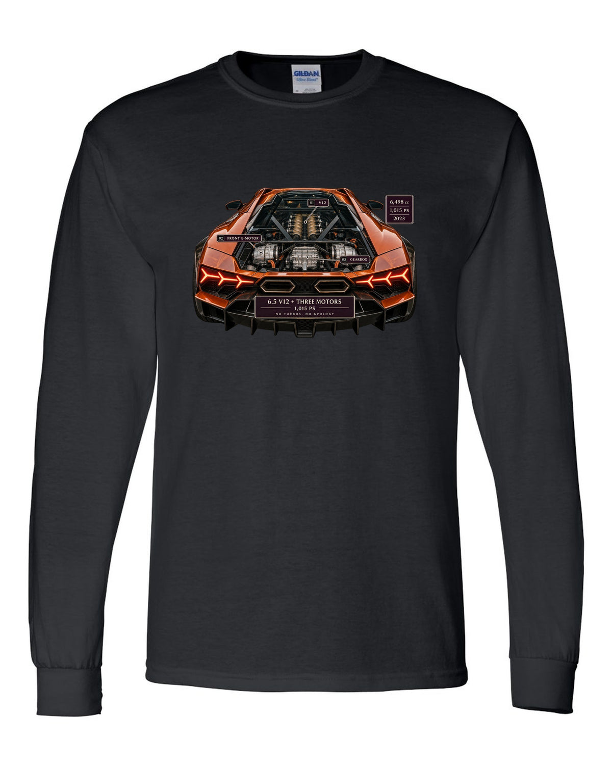 Engine hero print of a burnt orange Lamborghini Revuelto V12 black long sleeve front view with the design