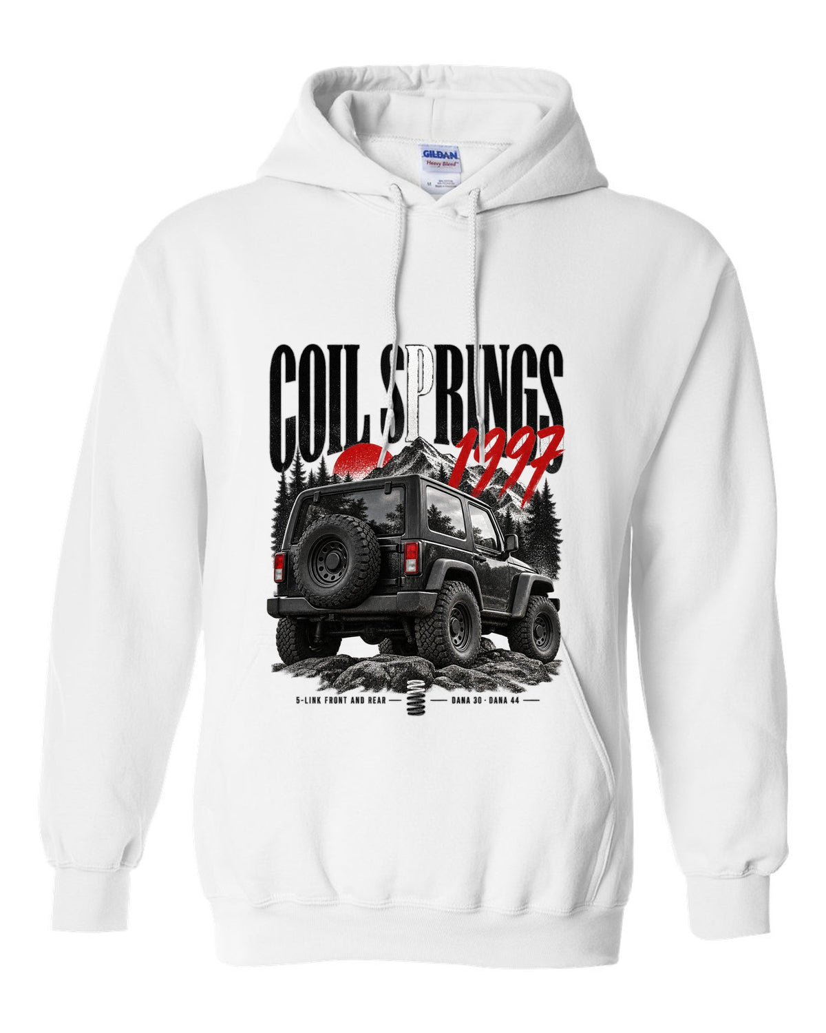 Editorial print for the Jeep Wrangler TJ, coil springs 5-link Dana 30 and Dana 44 white pull over hoodie front view with the design